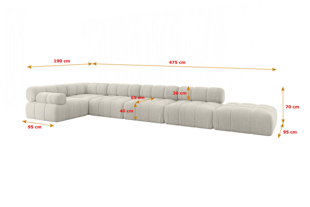 ECKSOFA modulares Sofa Felto-L3 - 475x190x70 cm Creme Cord - Hellgrau/Creme, Holzwerkstoff/Textil (475/190cm) - ALTDECOR