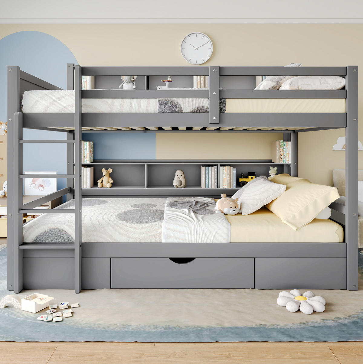 ETAGENBETT 90/200 cm aus Kiefern mit Schublade und Ablagefächern, Grau - Grau, Holzwerkstoff (90/200cm) - Redom
