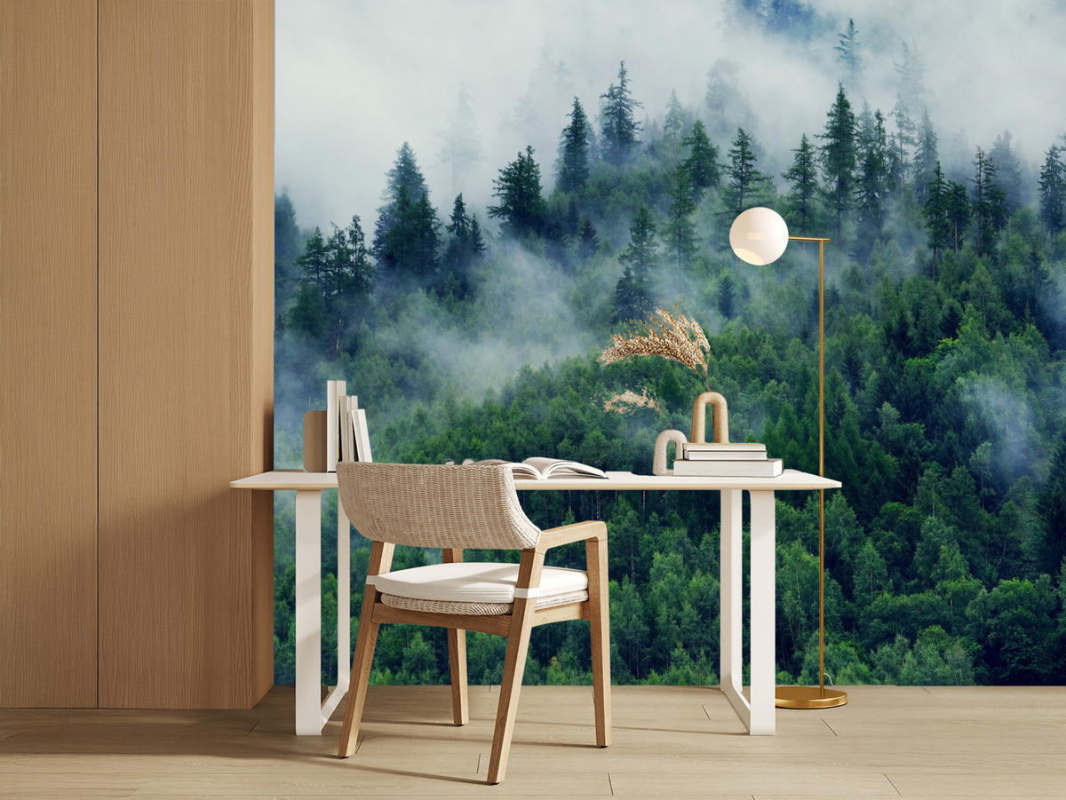 FOTOTAPETE Wald im Nebel Natur Landschaft 3D 100x70 - Grau/Grün, Papier (100/70cm) - Muralo