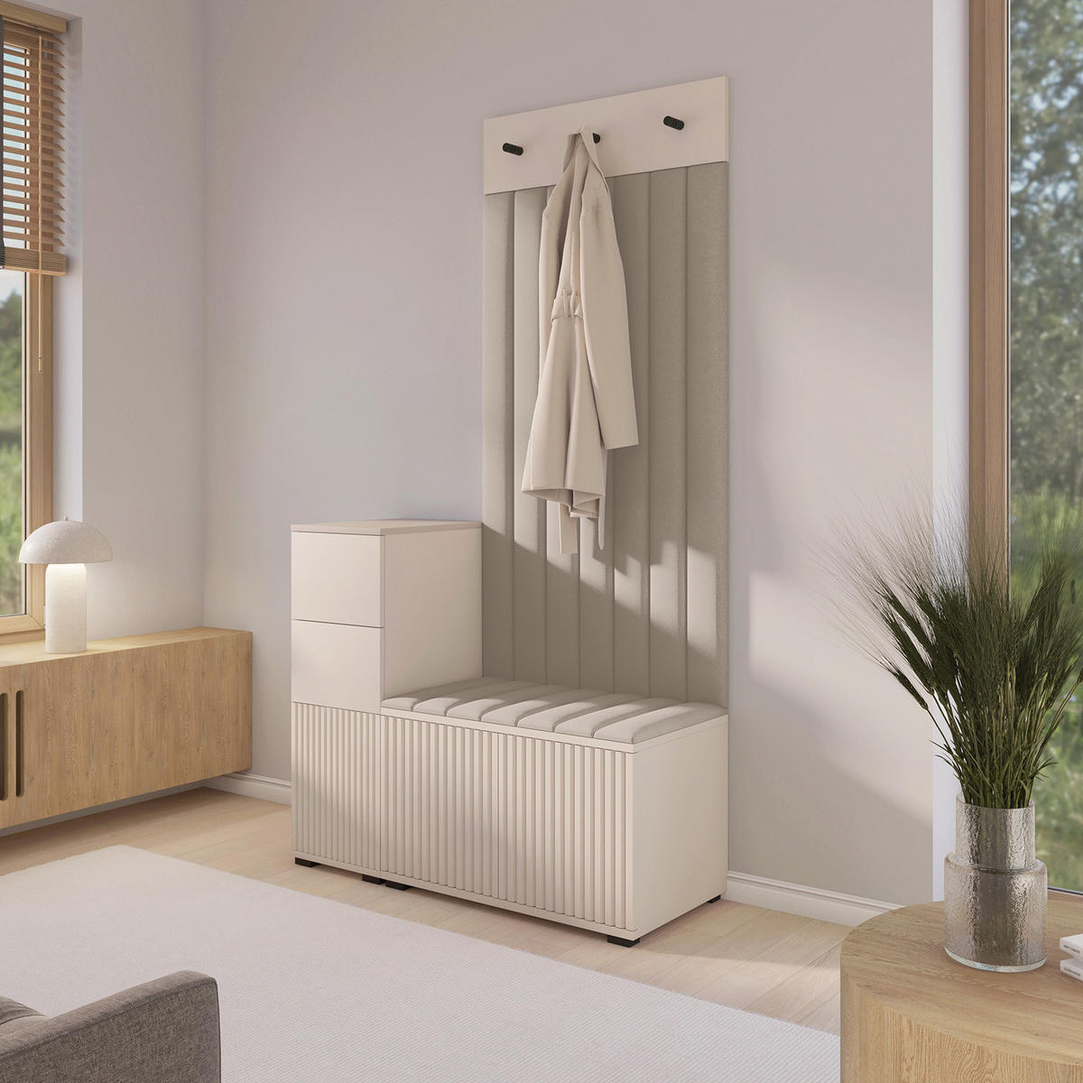 GARDEROBE Ritmo version 9 mit Spiegel, mit POLSTERPANEELEN Beige - Ecru/Creme, Holzwerkstoff (100/185/40cm) - Jerpax