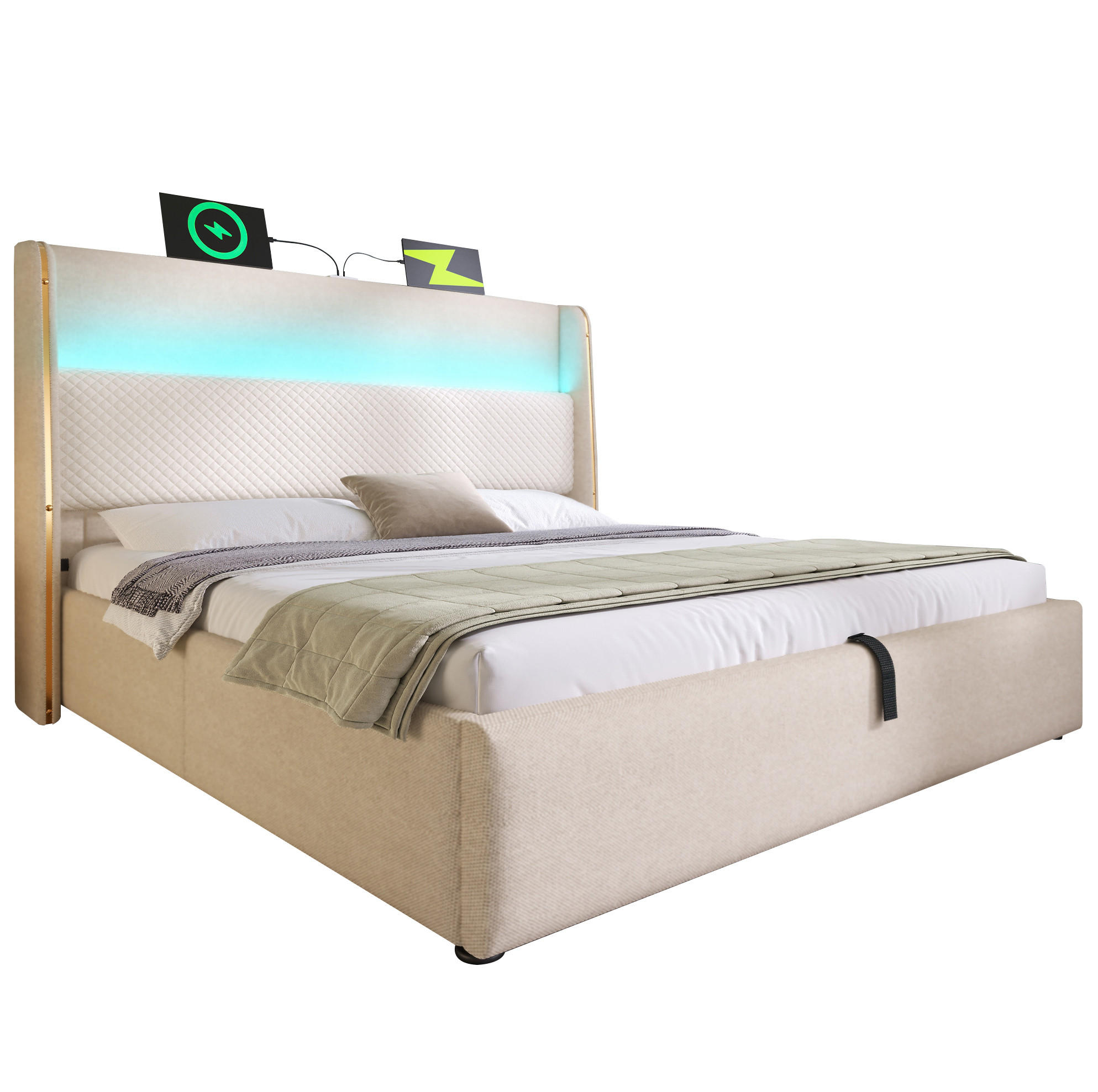 ČALOUNĚNÁ postel 160/200 cm s LED osvětlením, USB a USB-C, hydraulickým úložným prostorem a lněným vzhledem, Béžová - béžová, textil (160/200cm) - Redom