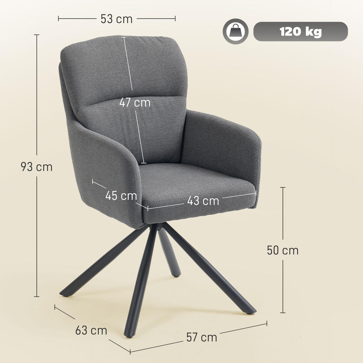 ESSZIMMERSTUHL 360° Drehbar Küchenstuhl mit Leinenbezug, Ergonomisch Grau - Schwarz/Grau, Textil/Metall (63/93/57cm) - HOMCOM