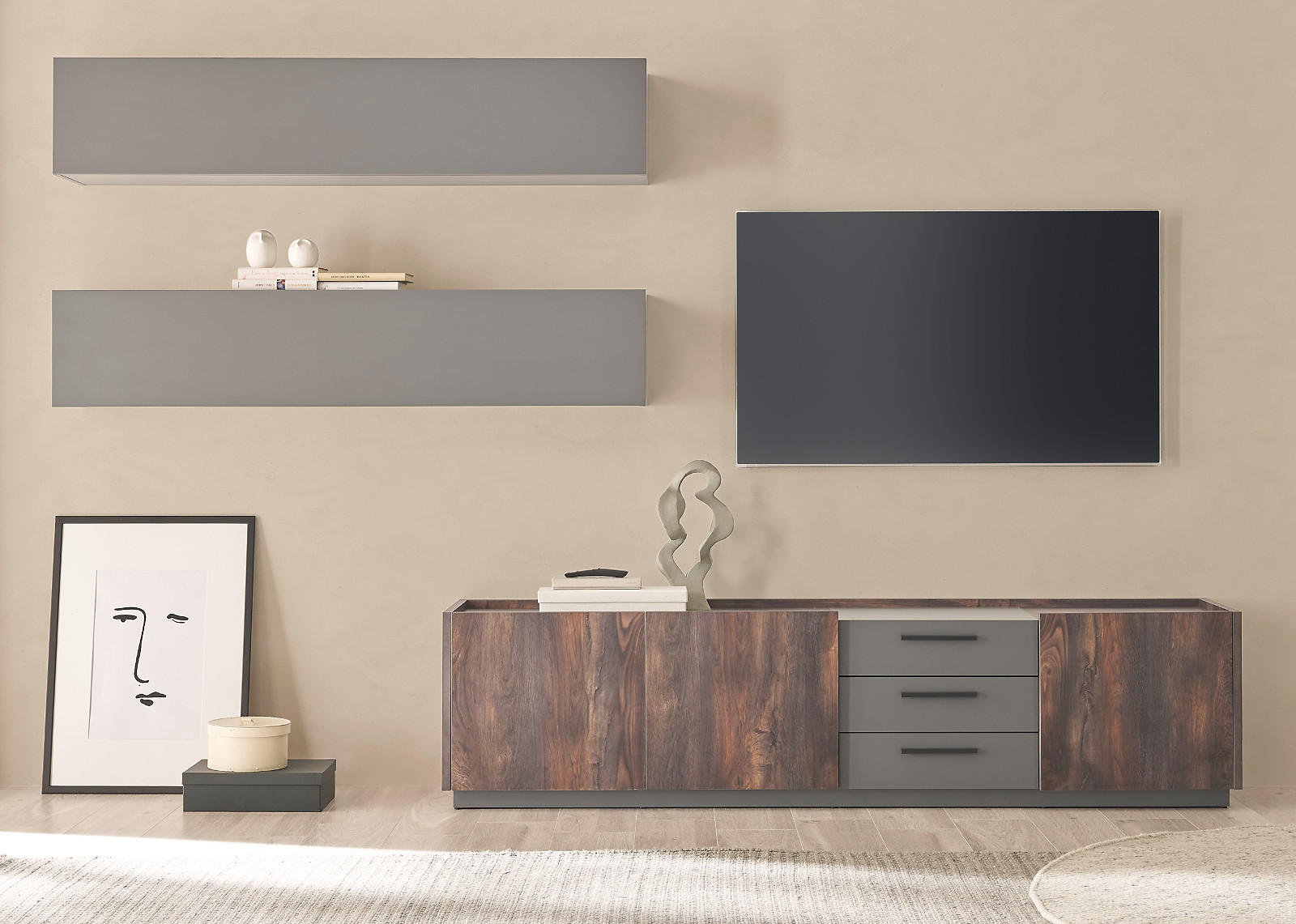 WOHNWAND Thermo Eiche, grau, Wohnkombination 3-teilig mit Soft-Close 300 x 200 cm - Eichefarben/Grau, Holzwerkstoff/Metall (300/200/45cm) - Furn.Design
