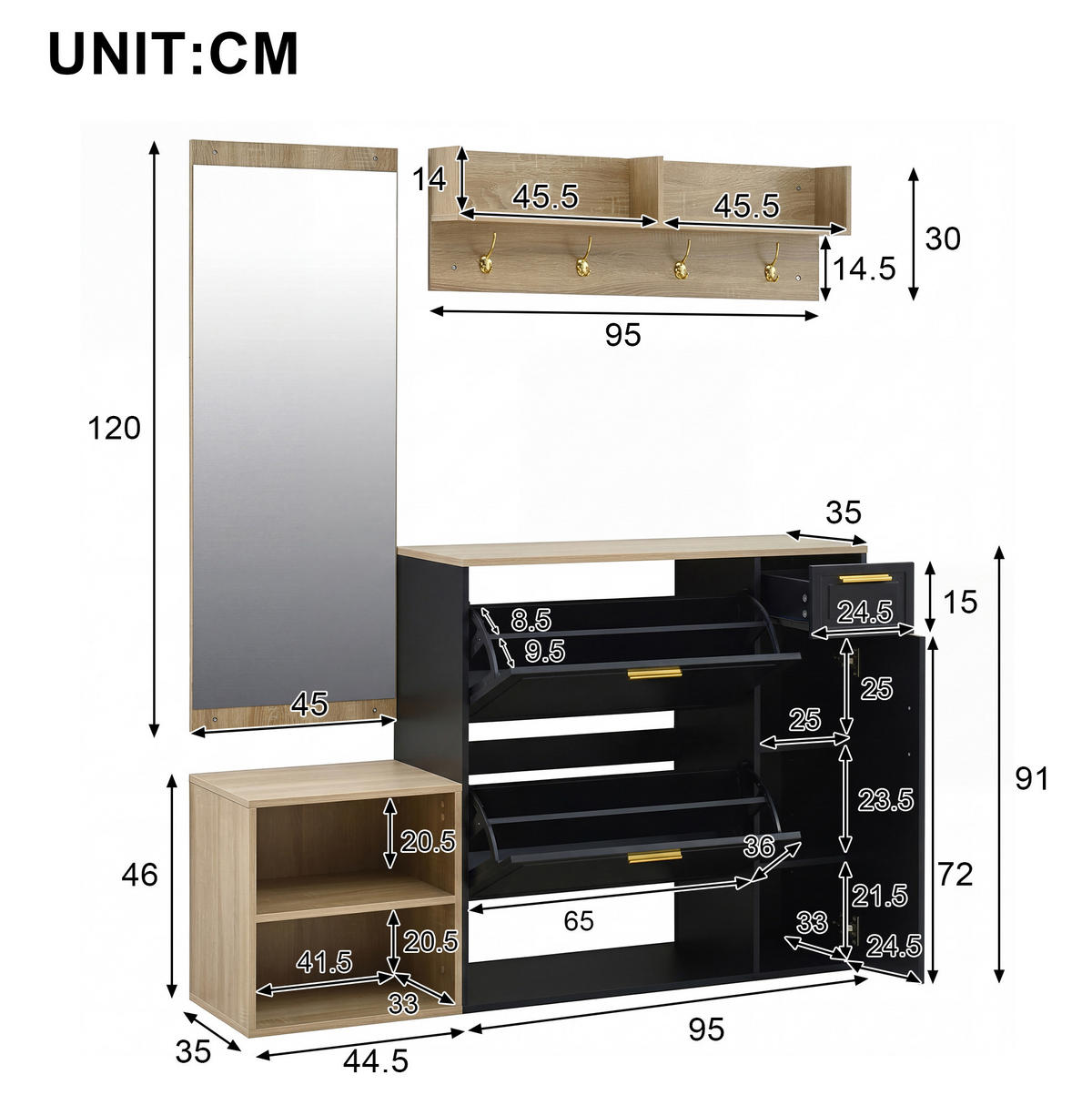 GARDEROBE 139,5/166/35 cm Natur/Schwarz aus Spanplatte mit Spiegel 4er Set - Naturfarben, Holzwerkstoff (30/174/130cm) - OKMYHOME