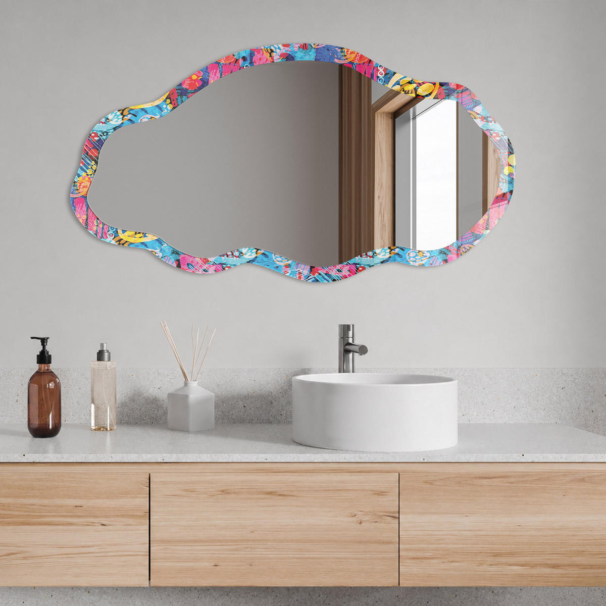 SPIEGEL 90x45 cm asymmetrisch mit Druck - Farbenfrohe Abstraktion - Transparent, Glas (45/90/0.4cm) - TULUP