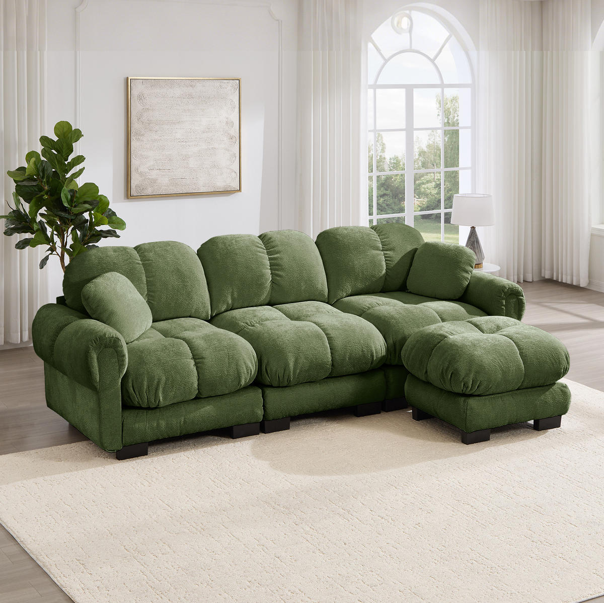 SOFA in L-Form 3-Sitzer mit Hocker Chenille Grün - Grün, Holz (149/260cm) - Meubliv