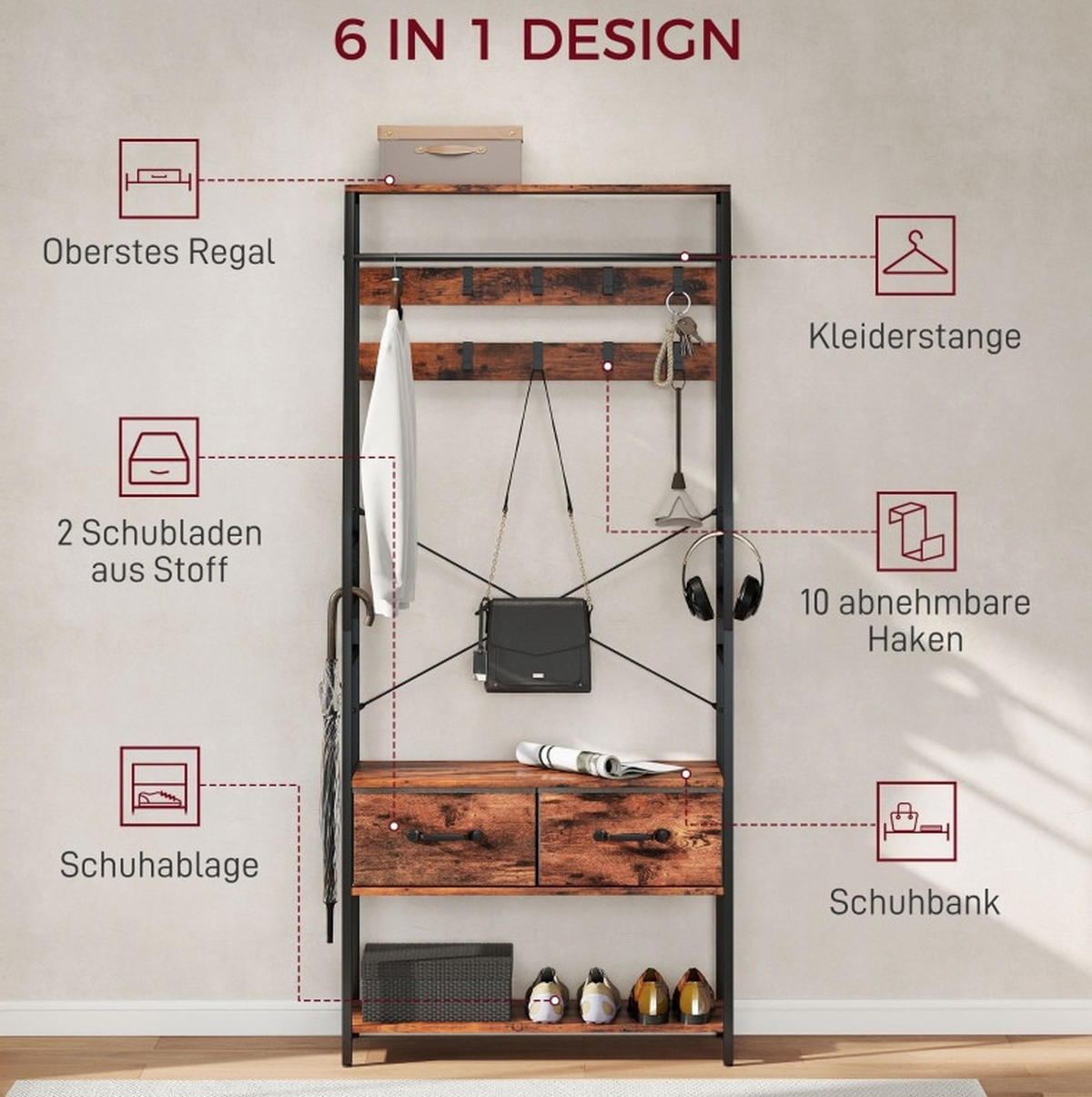 GARDEROBE mit Schuhbank 80 x 30 x 180 cm Holzoptik Braun 2 Stoffschubladen - Braun, Holzwerkstoff (30/180/80cm) - Beauniv
