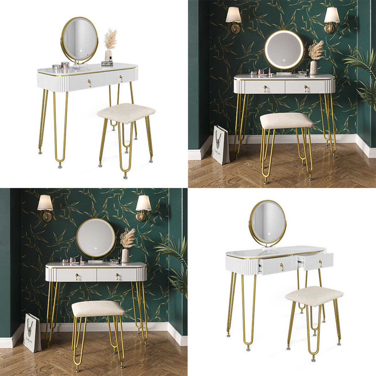 SCHMINKTISCH Grace Weiß 100 cm mit LED Beleuchtung und Hocker - Weiß Hochglanz, Holzwerkstoff (100/126/40cm) - Vicco