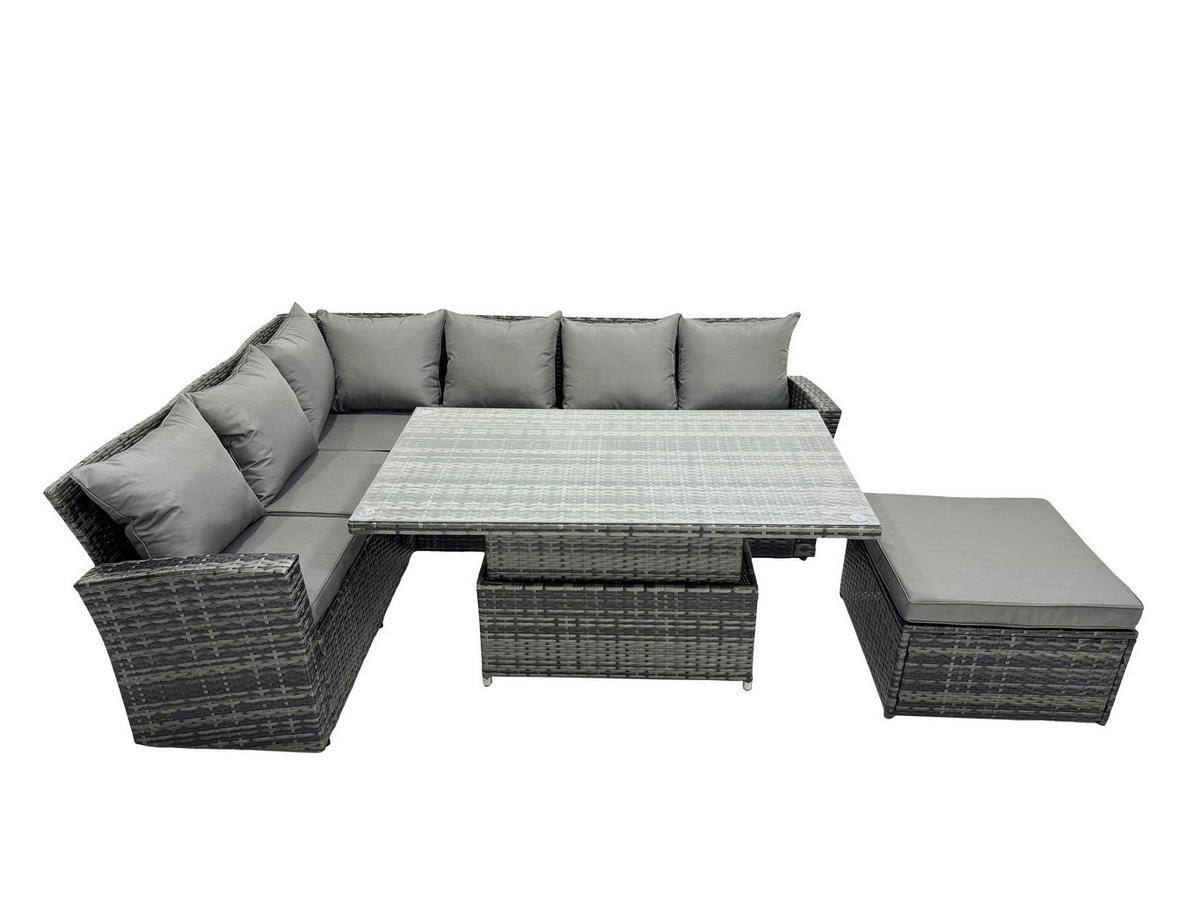GARTEN-ECKSOFAGARNITUR mit höhenverstellbarer Tisch Polyrattan 7-Sitzer - Dunkelgrau/Grau, Glas/Kunststoff - Fimous