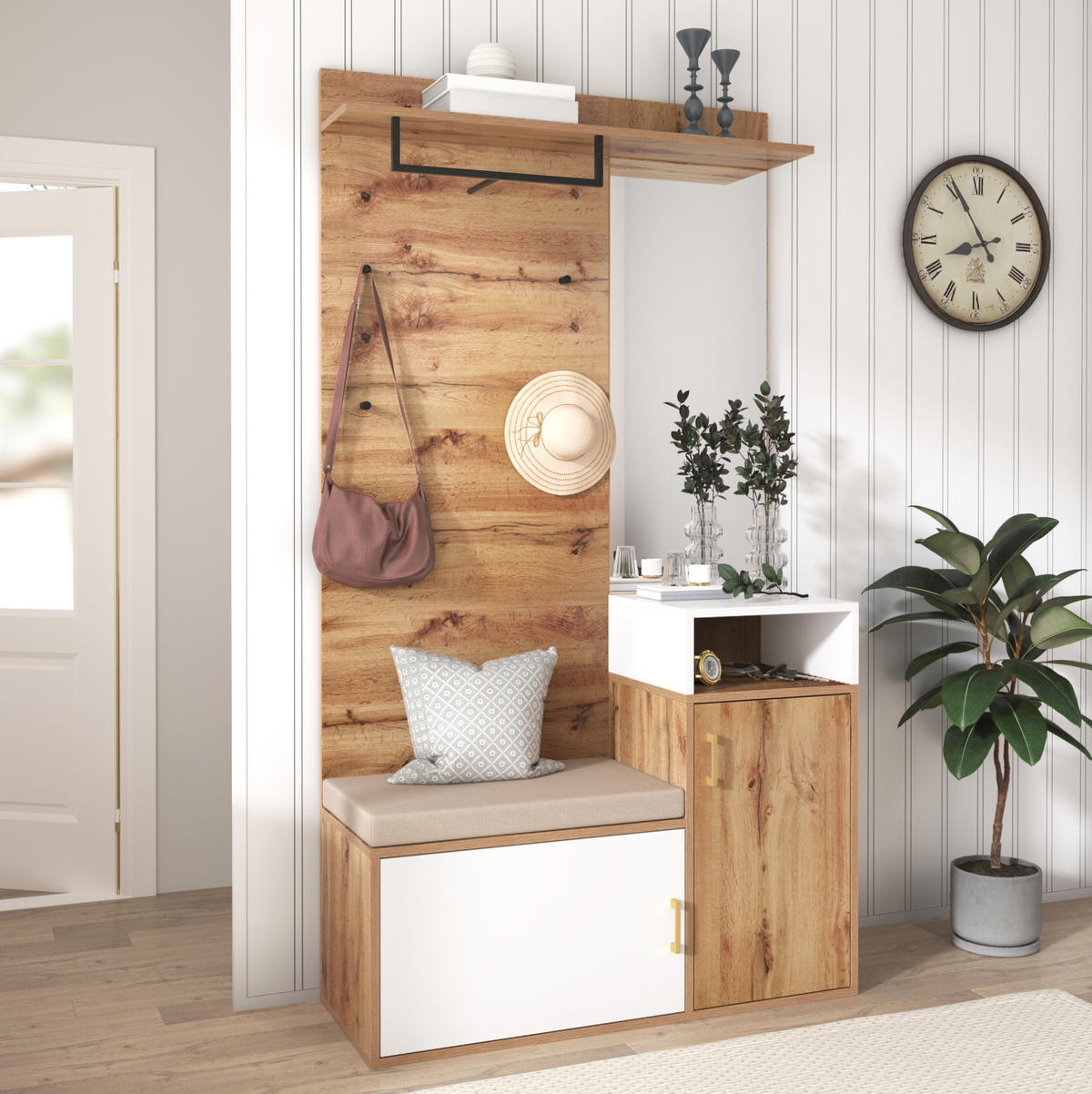 GARDEROBENSET 105/40/190,5 cm aus MDF und Spanplatte mit Spiegel und Sitzbank Weiß/Holzfarben - Weiß, Holzwerkstoff (105/190.5/40cm) - Modenvie