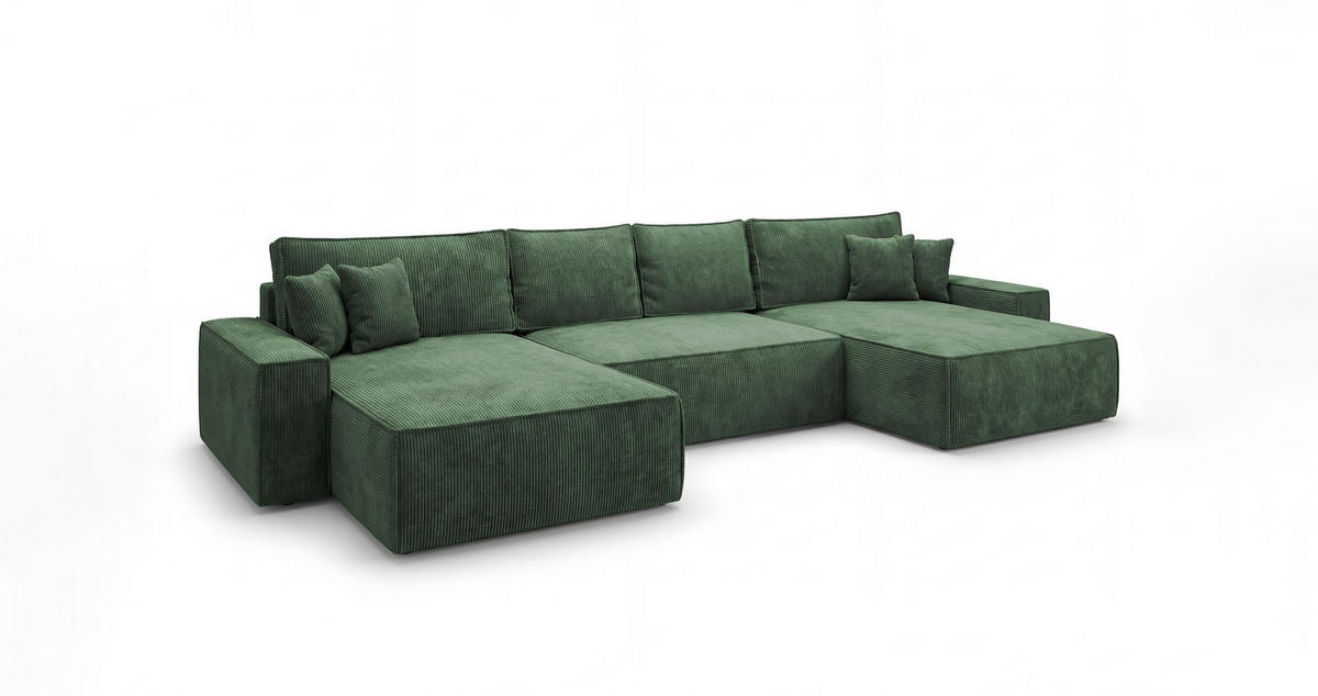 ROHOVÁ pohovka CALIFORNIA tvar U zelená manšestr POSO 14 - funkce spaní, úložný prostor - zelená barva, textil (385/185cm) - Cornero