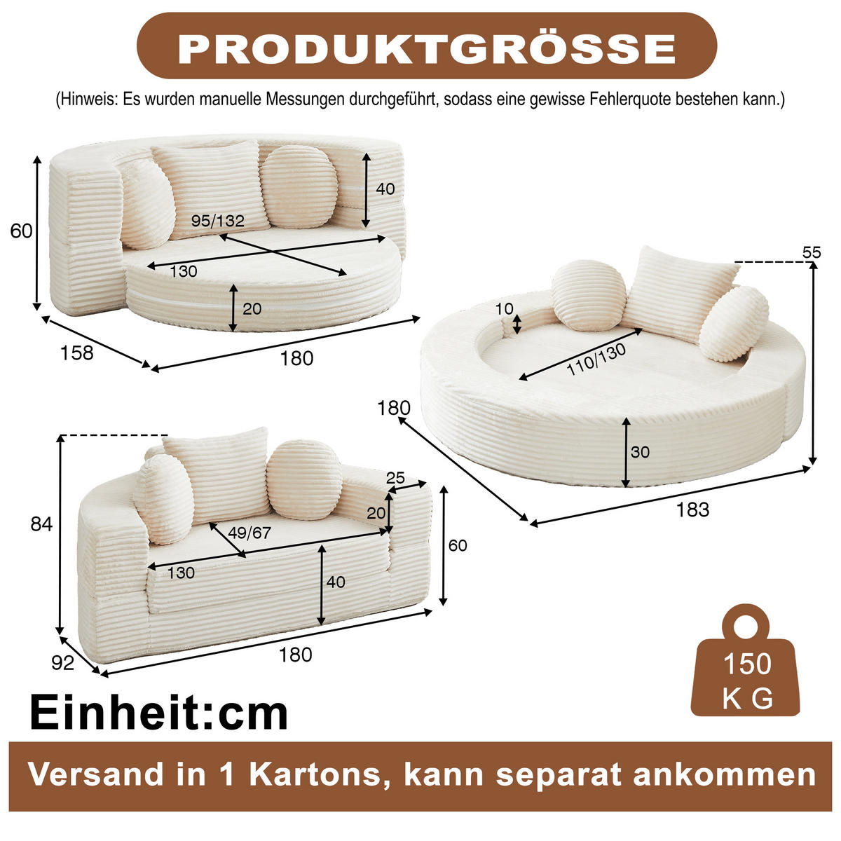 SCHLAFSOFA 4-in-1 halbrund/rund mit 3 Kissen, DE-42726, Beige - Beige, Textil (180/84/92cm) - ComfortXL