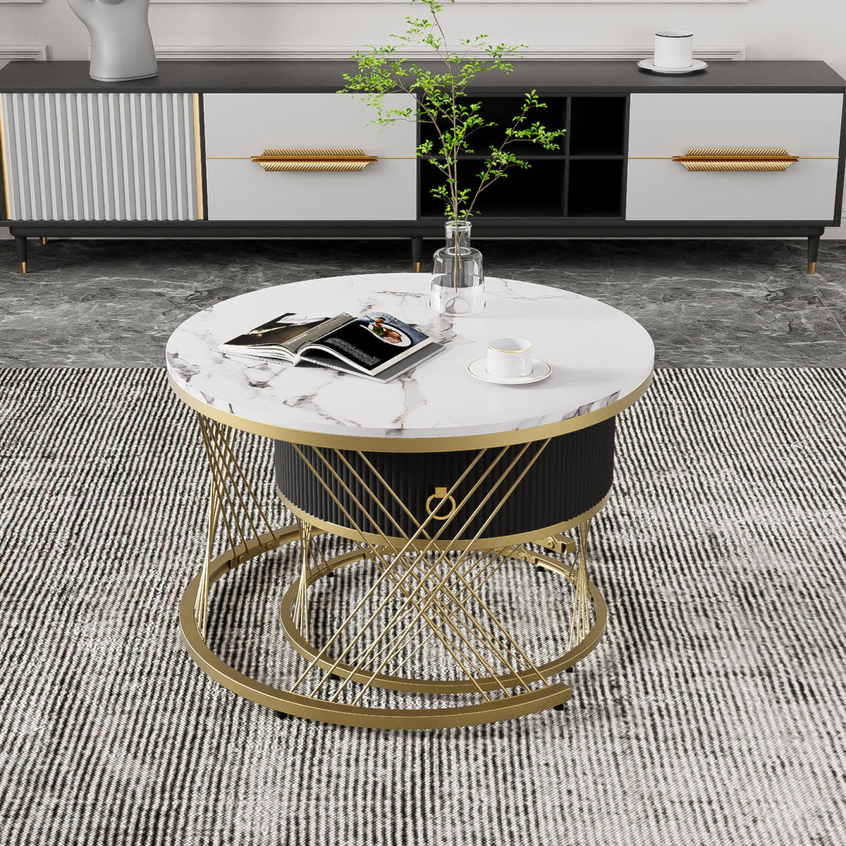 COUCHTISCH 70/70/45 + 50/50/40 cm in Marmor-Optik mit Schublade, 2er-Set - Weiß, Holzwerkstoff (70/70/45cm) - Flora Grace