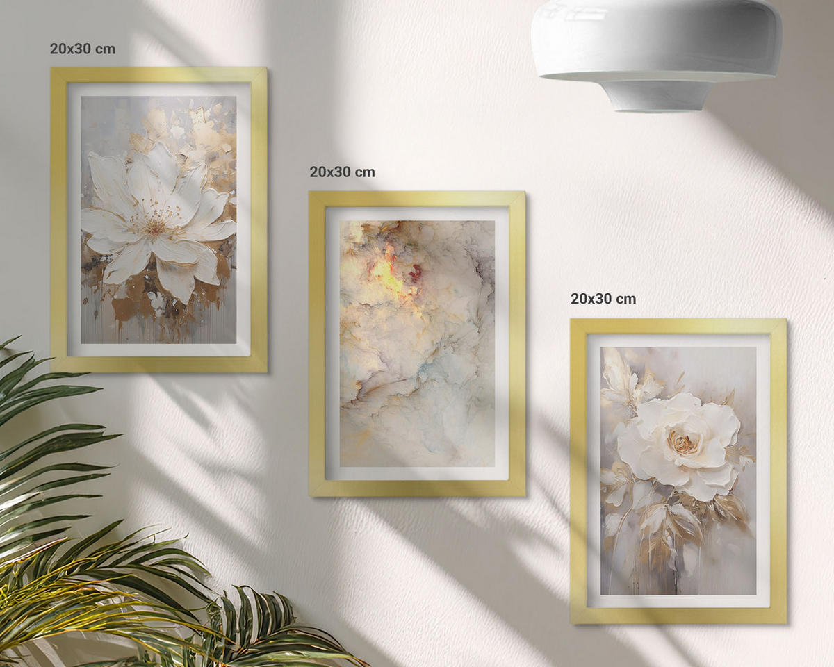 BILDER SET 3er Set - 20x30 cm Goldrahmen - Blumen heller abstrakter Hintergrund - Goldfarben, Kunststoff (20/30cm) - TULUP