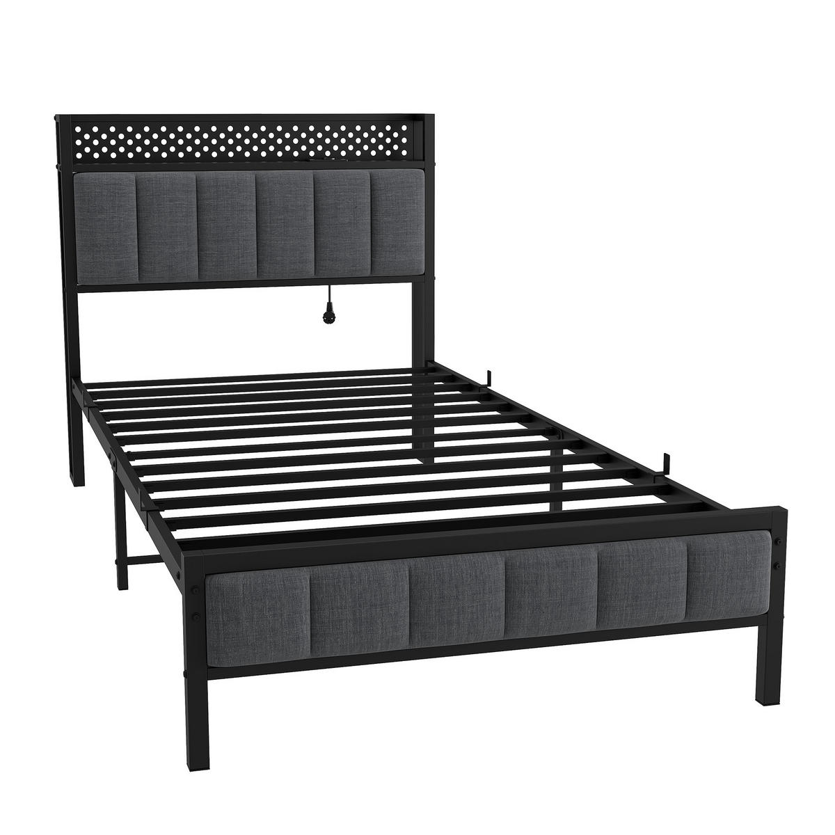 METALLBETT 90/200 cm in Schwarz mit gepolstertem Kopfteil, LED und USB - Schwarz, Holzwerkstoff/Textil (90/200cm) - CHICFURN