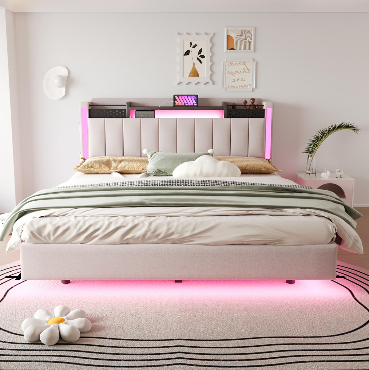 POLSTERBETT 160/200 cm beige aus Leinenstoff mit LED und USB-Anschluss mit Stauraum - Beige, Textil (160/200cm) - OKWISH