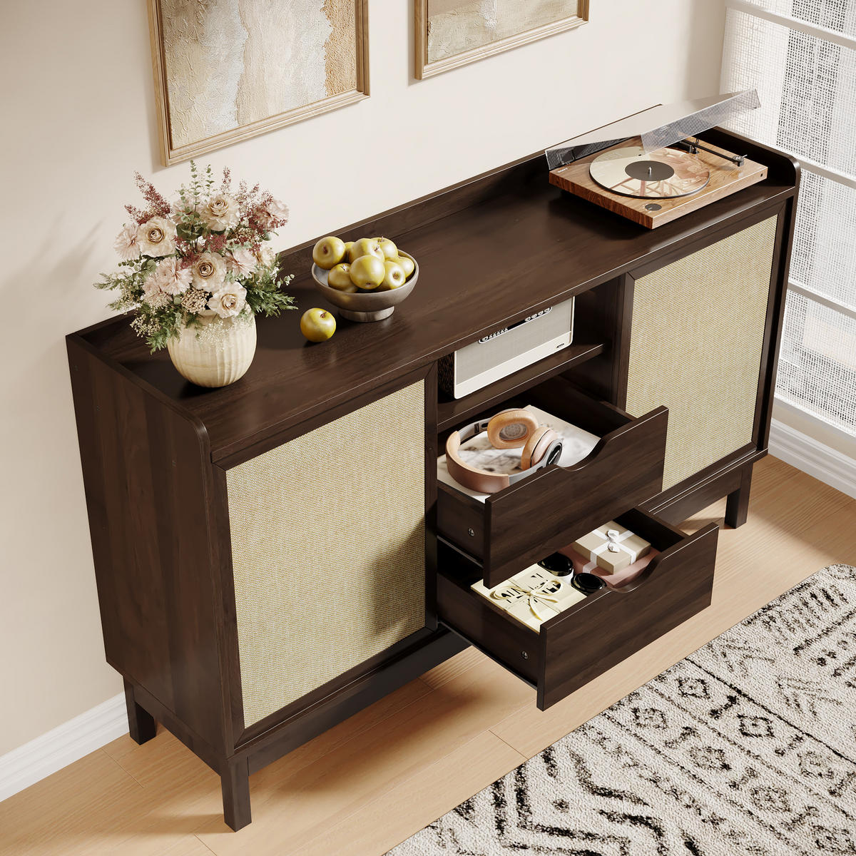 SIDEBOARD Schiebetüren 2 Schubladen Wohn Esszimmer Multifunktional - Naturfarben, Holzwerkstoff (39.5/80/150cm) - FLIEKS