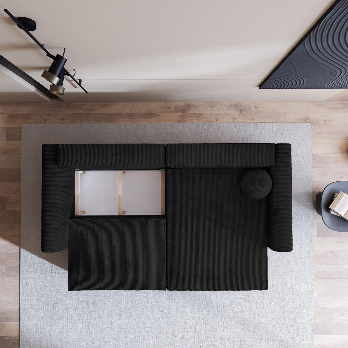 ECKSOFA FIANO P Schwarz Kordstoff mit Schlaffunktion - Schwarz, Holz (245/148cm) - MASSENO