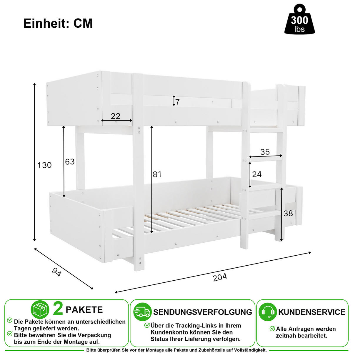 ETAGENBETT 90/200 cm & 90/200 cm in Weiß mit Leiter und Sicherheitsgeländer - Weiß, Holzwerkstoff (90/200cm) - CHICFURN