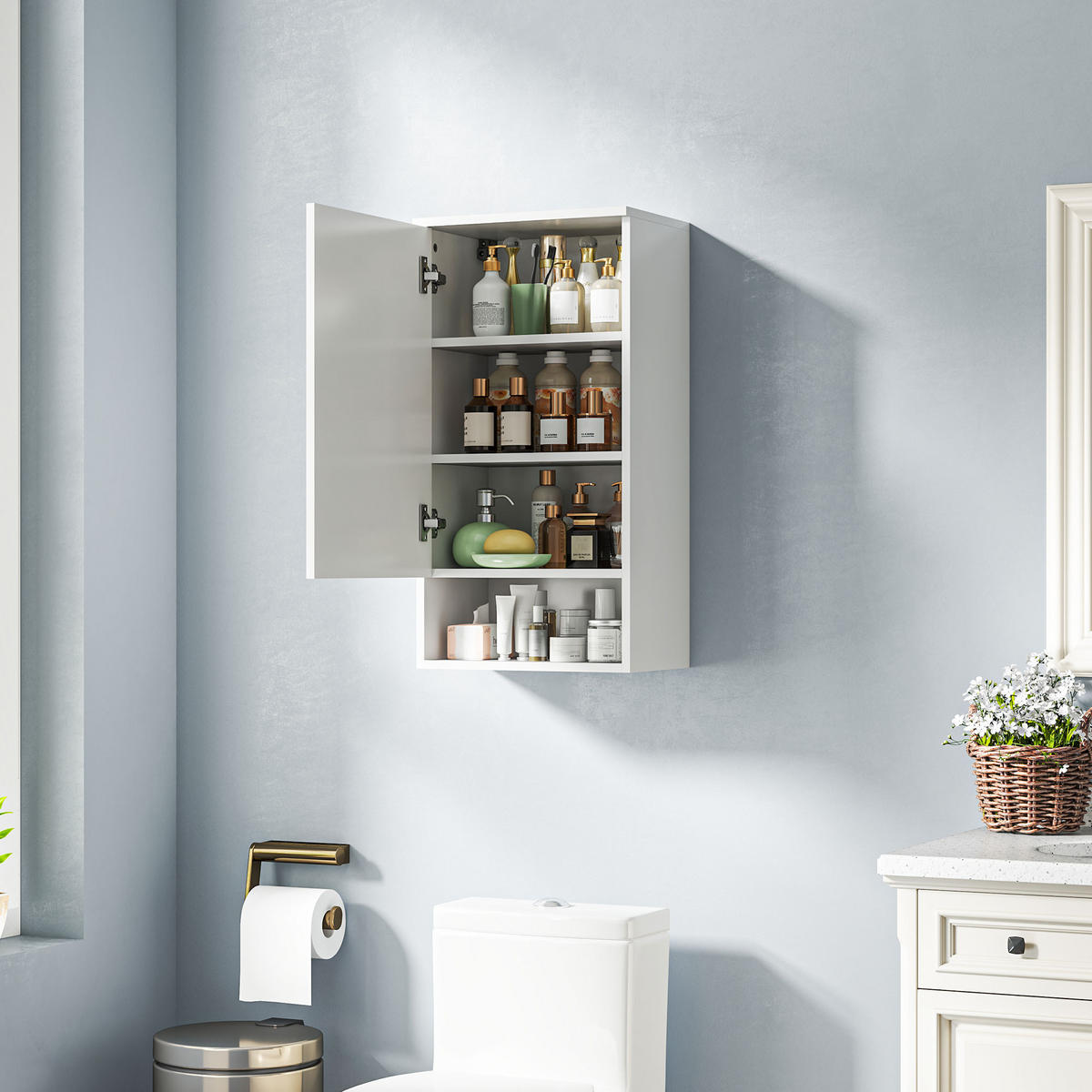 HÄNGESCHRANK Wandschrank Badezimmerschrank mit Türen, verstellbaren Ablagen - Weiß, Holz (27/77/40cm) - HOMCOM
