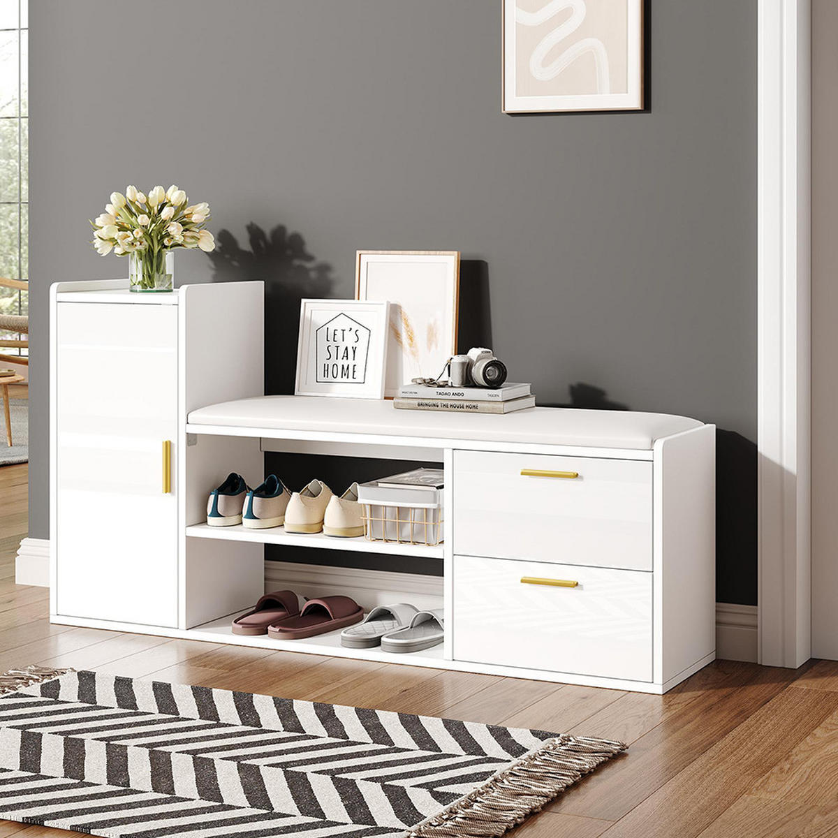 SCHUHBANK in 128x30x68cm mit 2 Schubladen 1 Schrank,Weiß - Weiß, Holzwerkstoff (30/68/128cm) - KOMHTOM