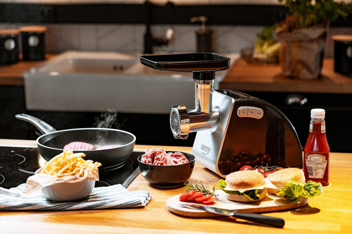 FLEISCHWOLF Elektrisch 2000W, Edelstahl, Wurstaufsatz, Lochscheiben, Hackfleisch, Küchenmaschine, Zubehör, Küche, Haushalt, Wolfen, Fleisch, Wurst - Silberfarben/Schwarz, Kunststoff/Metall (28/33/18cm) - camry