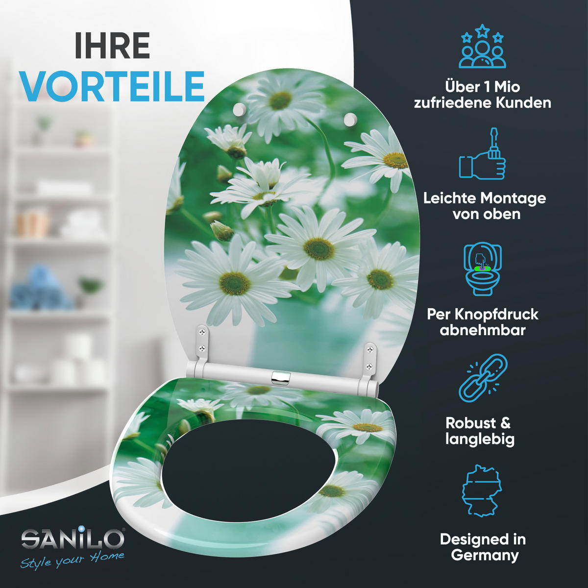 WC-SITZ mit Absenkautomatik & Top Fix Margeriten - Grün, Holzwerkstoff (37.7/5.5/48cm) - Sanilo