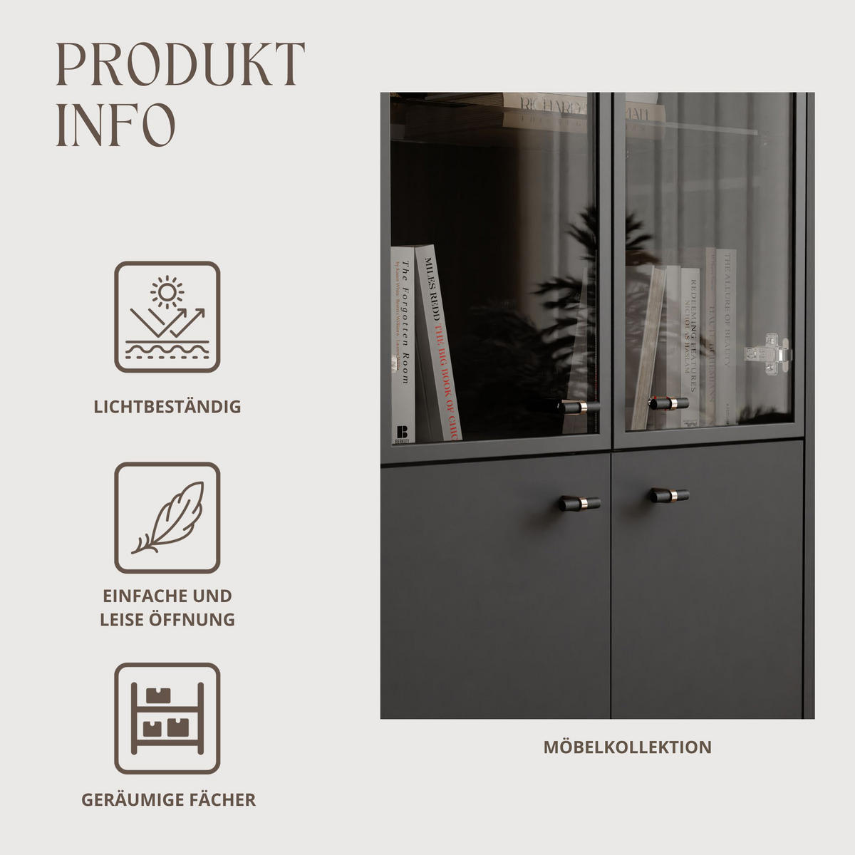 GLASVITRINE geriffelt aus MDF, Schwarz, mit LED-Beleuchtung - Schwarz, Holzwerkstoff (112/155/40cm) - Idohome