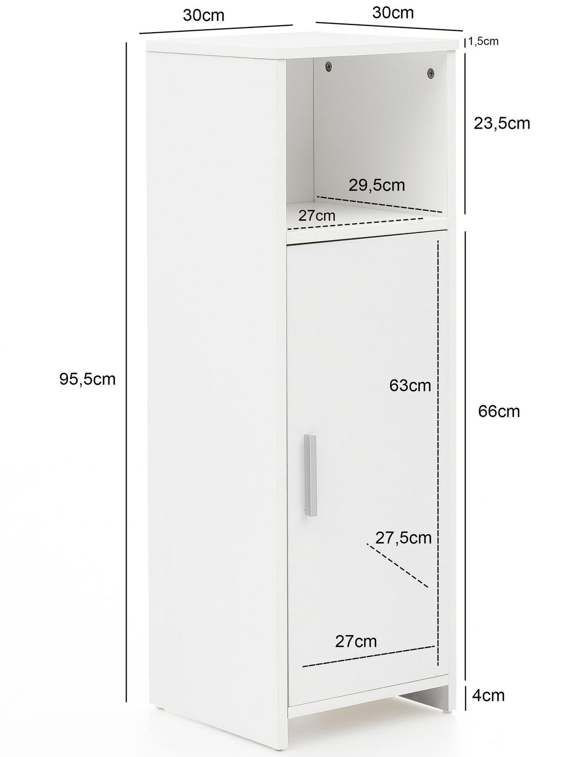 BADSCHRANK Weiß 30x95,5x30 cm aus Melamin mit kratzfester Oberfläche - Schwarz/Weiß, Holz/Metall (30/96/30cm) - KADIMA DESIGN