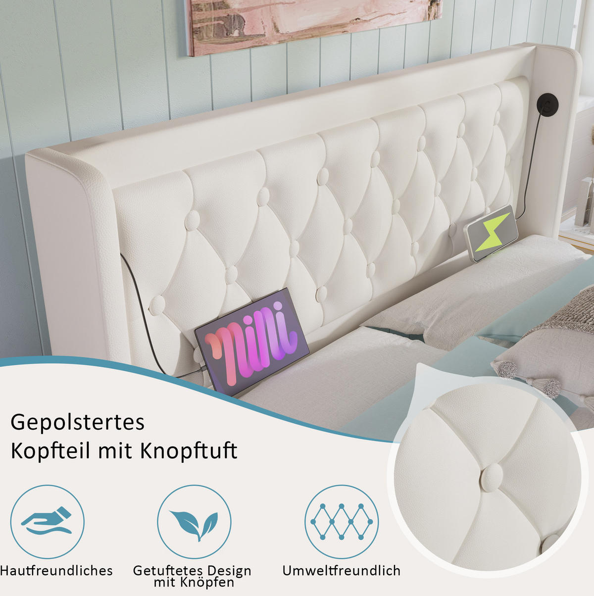 POLSTERBETT 180/200 cm Weiß aus PU mit LED und Ladefunktion - Weiß, Kunststoff (180/200cm) - OKMYHOME