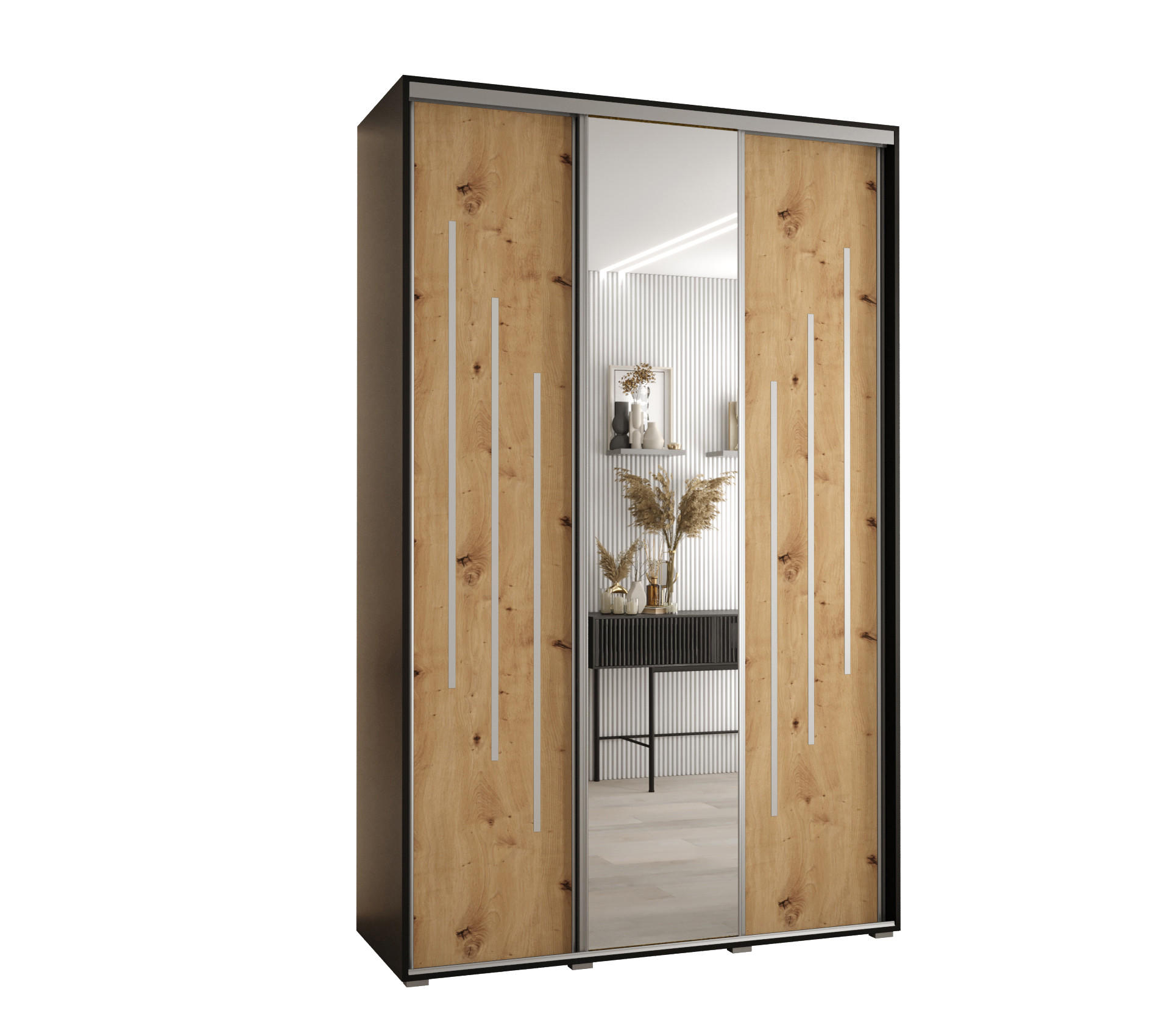 Abiks Möbel Schwebetürenschrank Schwarz, Eiche Artisan, Silber 150x235x60 cm