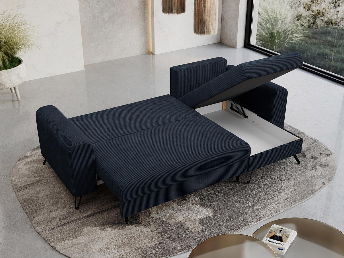 ECKSOFA Hugo Cord Dunkelblau - Schwarz/Dunkelblau, Textil/Metall (242/140cm) - MKS
