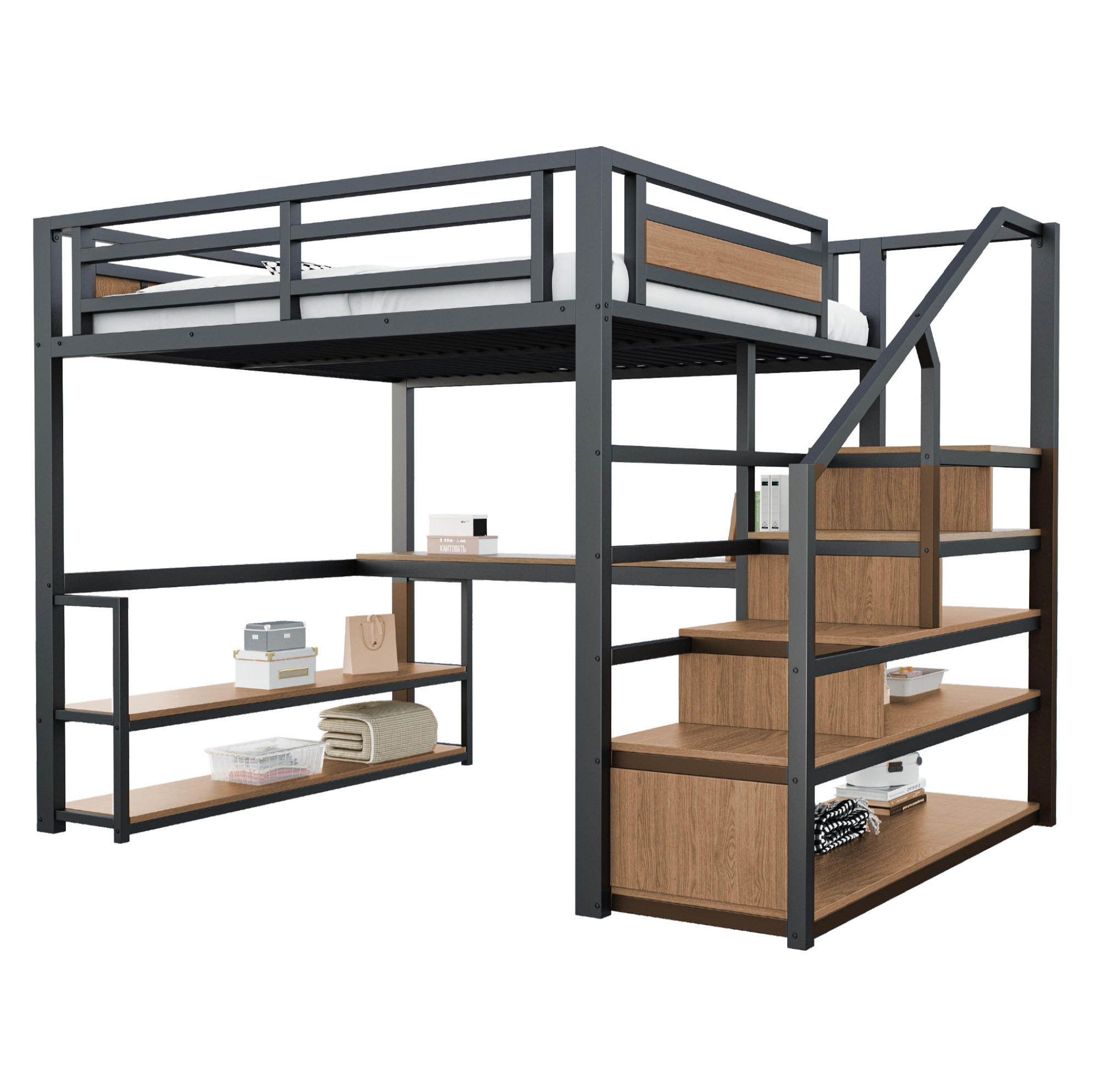 HOCHBETT 140/200 cm aus Metall und MDF mit Leiterregal und Schreibtisch Schwarz - Schwarz, Metall (140/200cm) - Modenvie