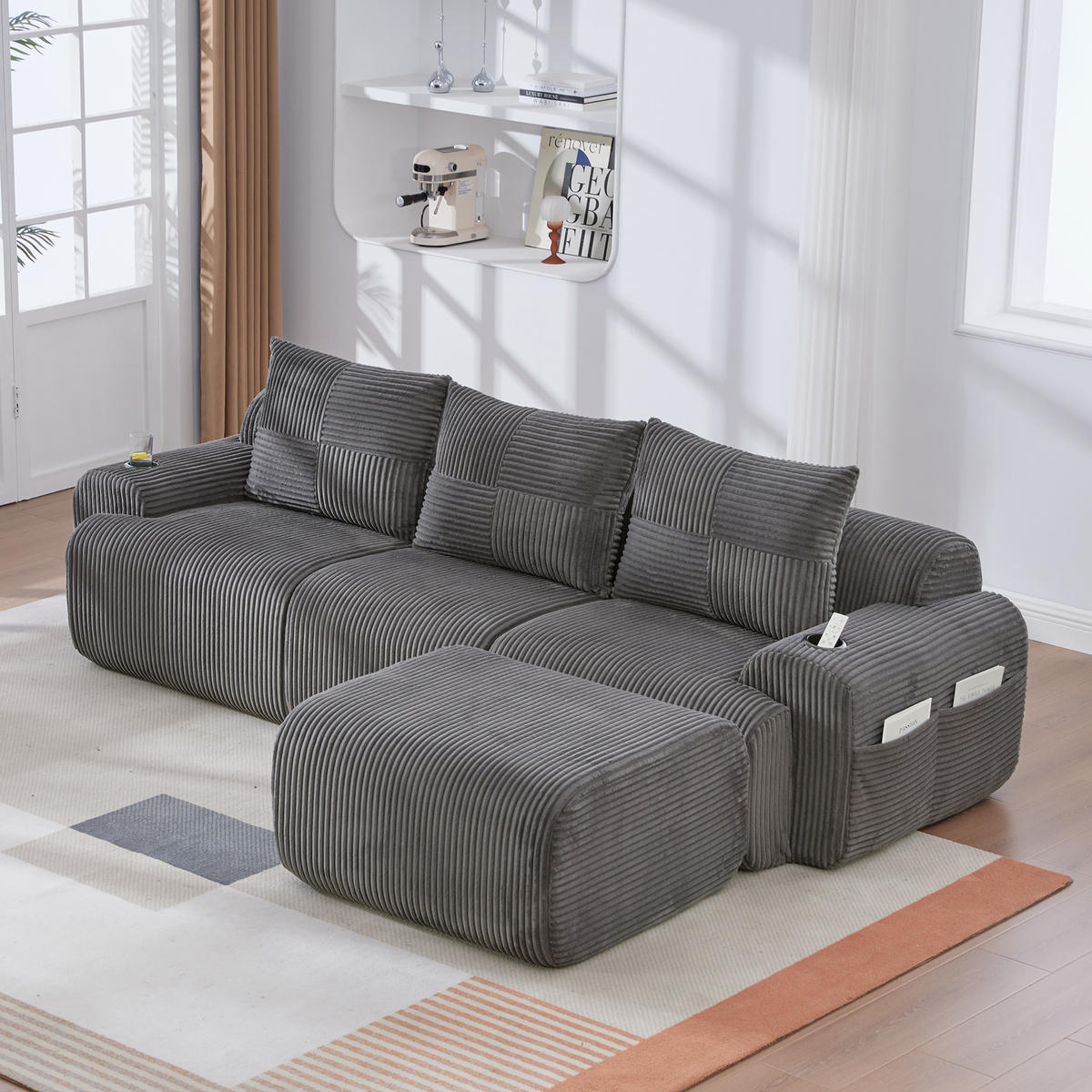ECKSOFA 268/174/80 cm Dunkelgrau mit Fußhocker, 2 Becherhalter und Aufbewahrungstaschen - Dunkelgrau, Textil (268/174cm) - Oxeza