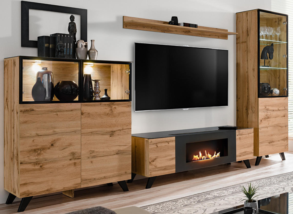 WOHNWAND Wotan Eiche, schwarz 330 cm, Schrankwand mit Kamin, inklusive LED - Eichefarben/Schwarz, Glas/Holz (330/197/45cm) - Inn.Furn