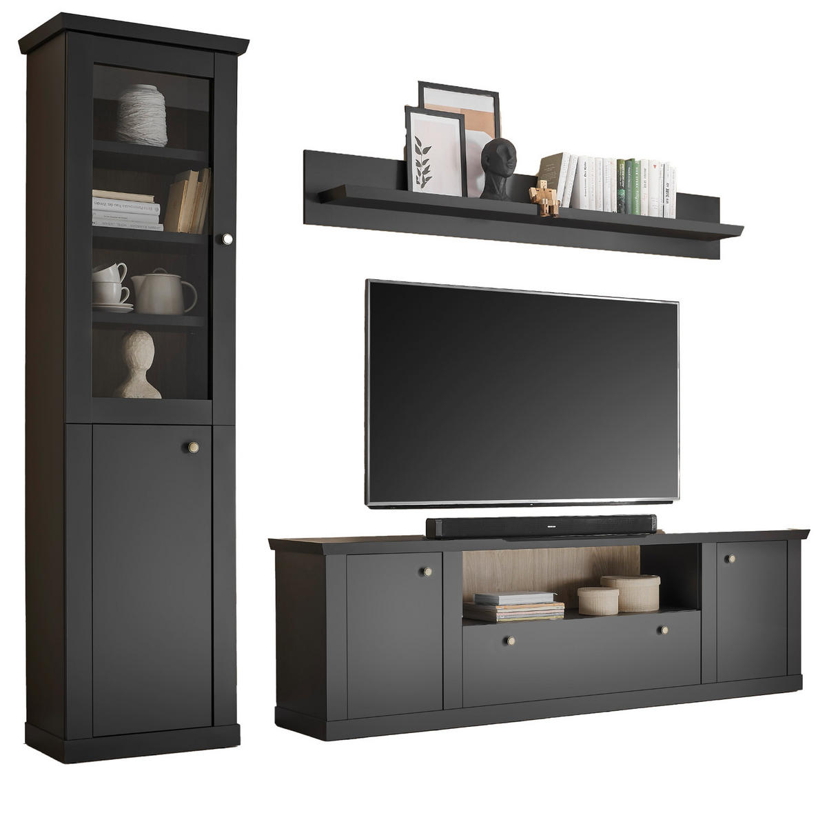 WOHNWAND schwarz matt, Eiche 3-teilig 270 cm, Wohnkombination mit Soft-Close - Eichefarben/Messingfarben, Glas/Holzwerkstoff (270/200/42cm) - Furn.Design