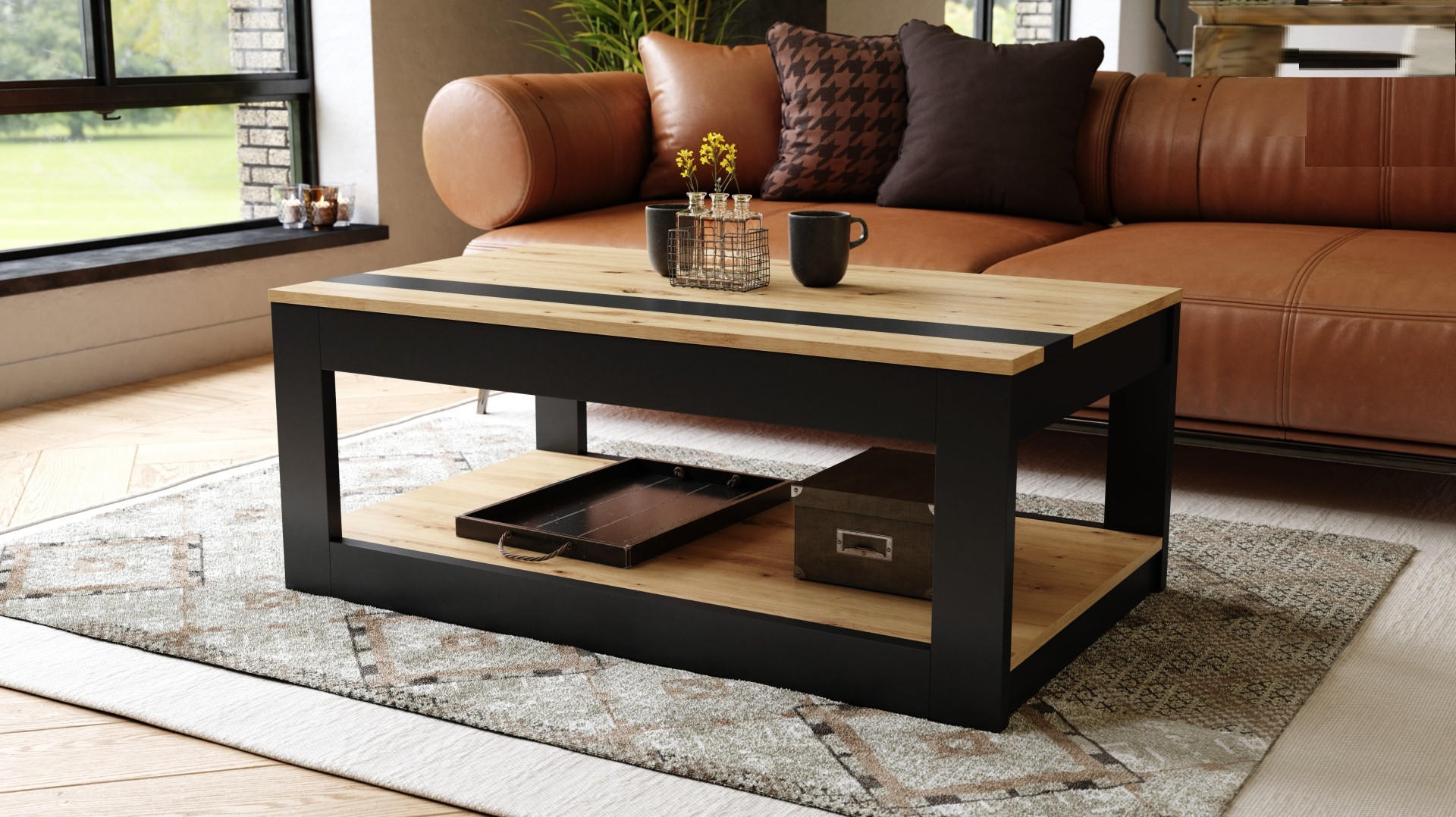COUCHTISCH rechteckig Eiche Artisan Schwarz matt aufklappbar - Schwarz/Eiche Artisan, Holzwerkstoff (66/112/45cm) - designimpex