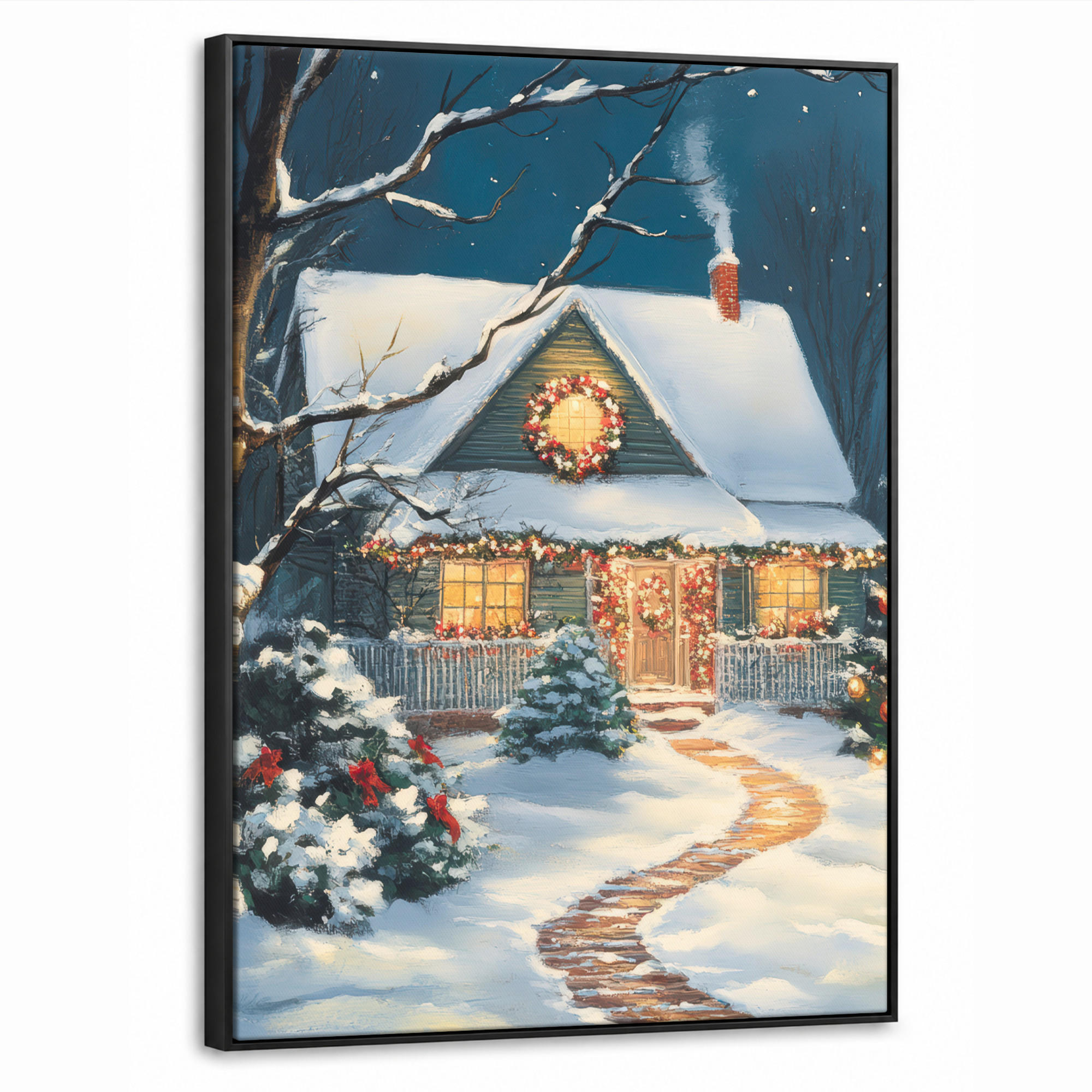 LEINWAND Bilder mit Rahmen - Weihnachten - Weihnachtsbaum - Winter - Zuhause - Schnee - 60x80 - Smaragdgrün, Textil (60/80cm) - MuchoWow