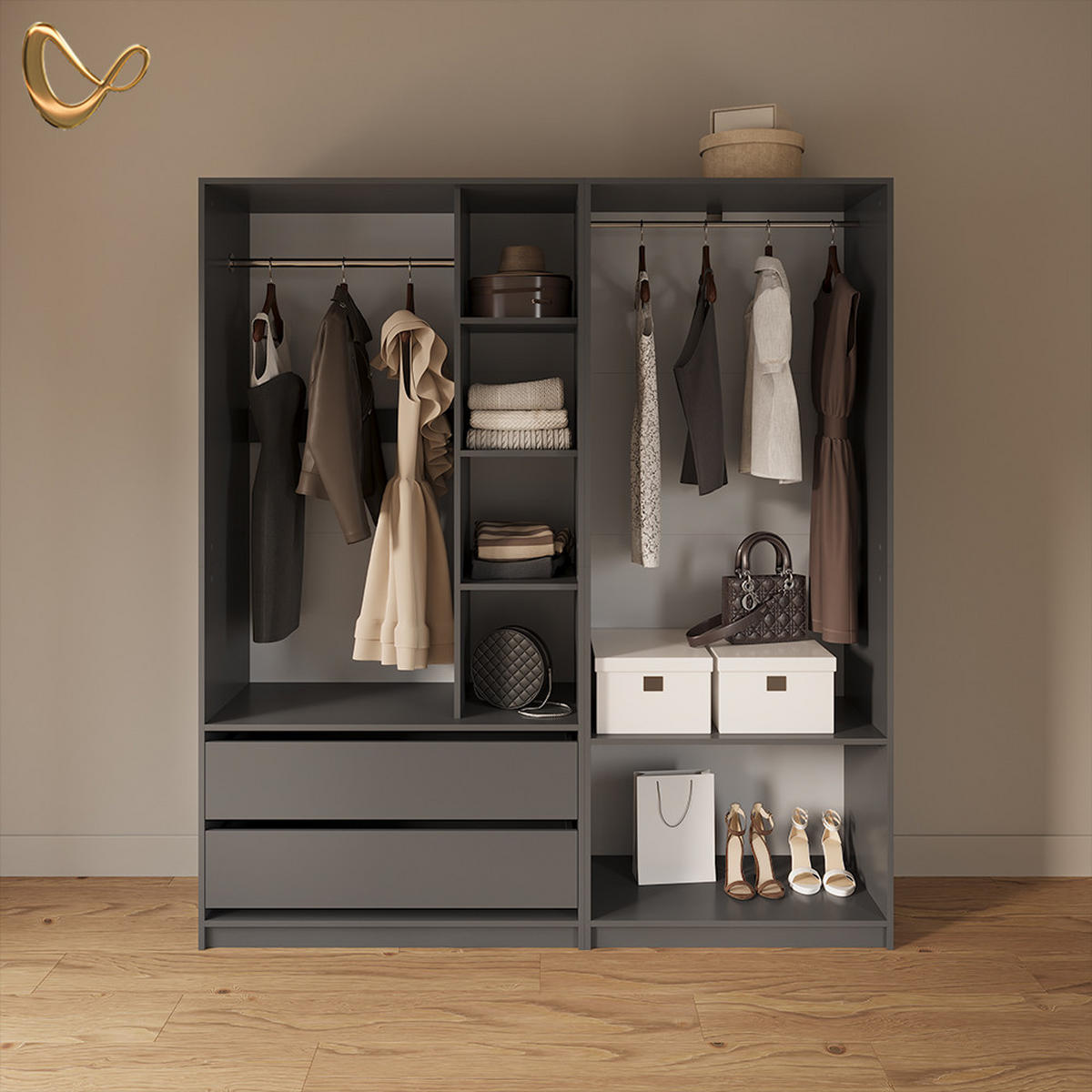 GARDEROBA Trento Antracit Komplet 2 - antracit, leseni material (100/200/50cm) - Livinity®