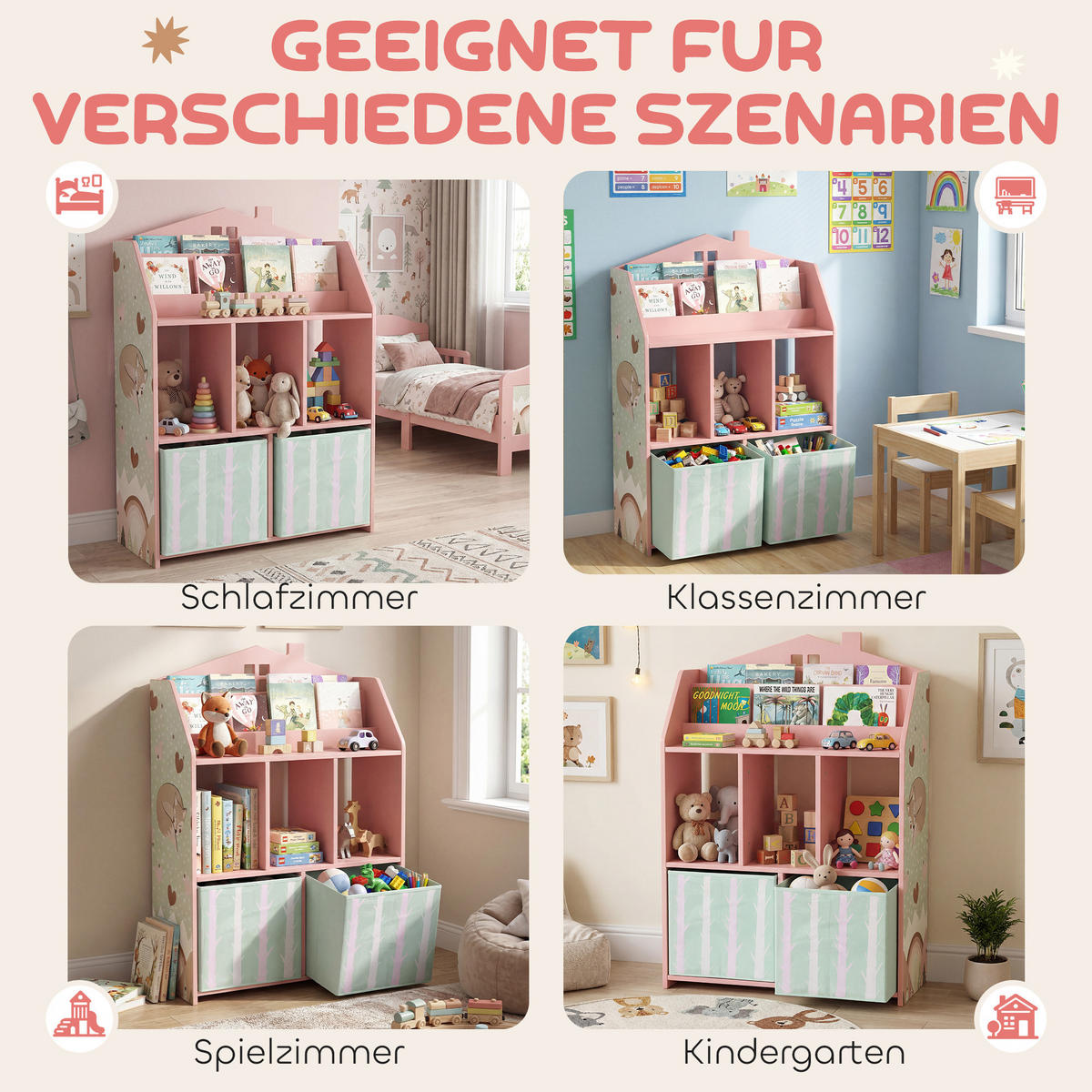 KINDER-BÜCHERREGAL MDF Vliesstoff Rosa - Rosa, Holzwerkstoff/Textil (30/91.5/62.5cm) - AIYAPLAY