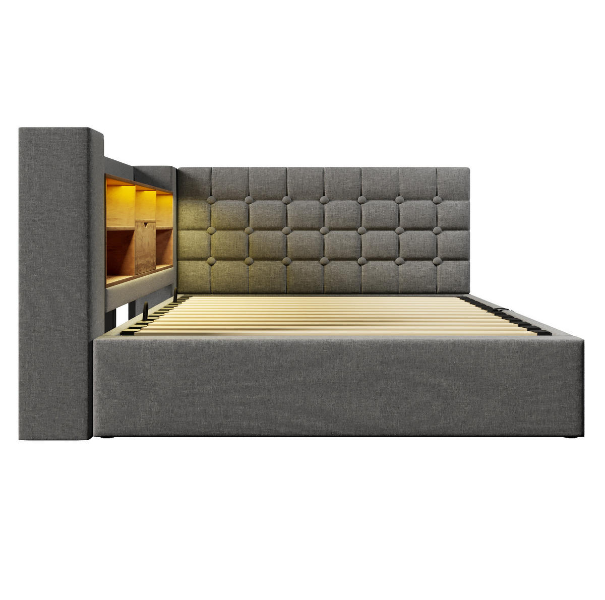 ČALÚNENÁ posteľ z ľanu, 140/190 cm sivá, s LED osvetlením, úložným priestorom a USB nabíjaním - sivá, textil (140/190cm) - BEAOK