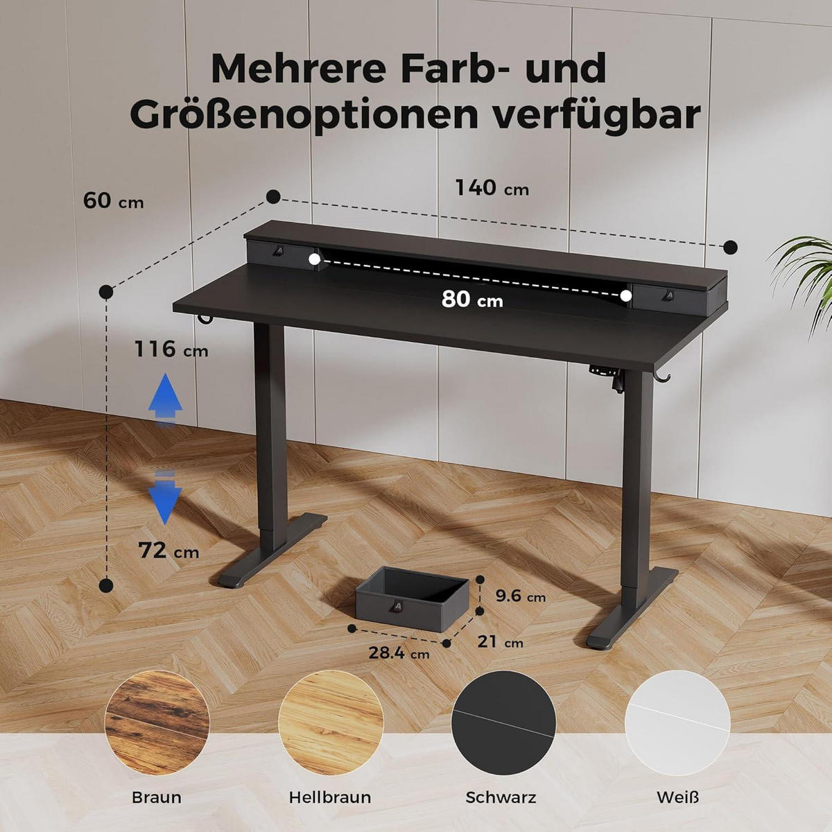 SCHREIBTISCH Höhenverstellbar Elektrisch 140 x 60 cm Schwarz - Schwarz, Metall (140/60/75cm)