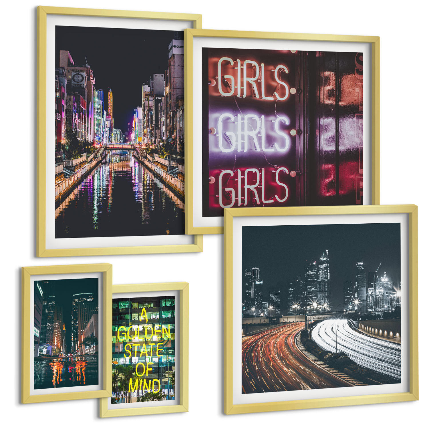 BILDER SET 5er Set - 50x50 cm & 20x30 cm & 40x60 cm Goldrahmen - Neonreklamen in der Stadt bei Nacht - Goldfarben, Kunststoff (40/60cm) - TULUP