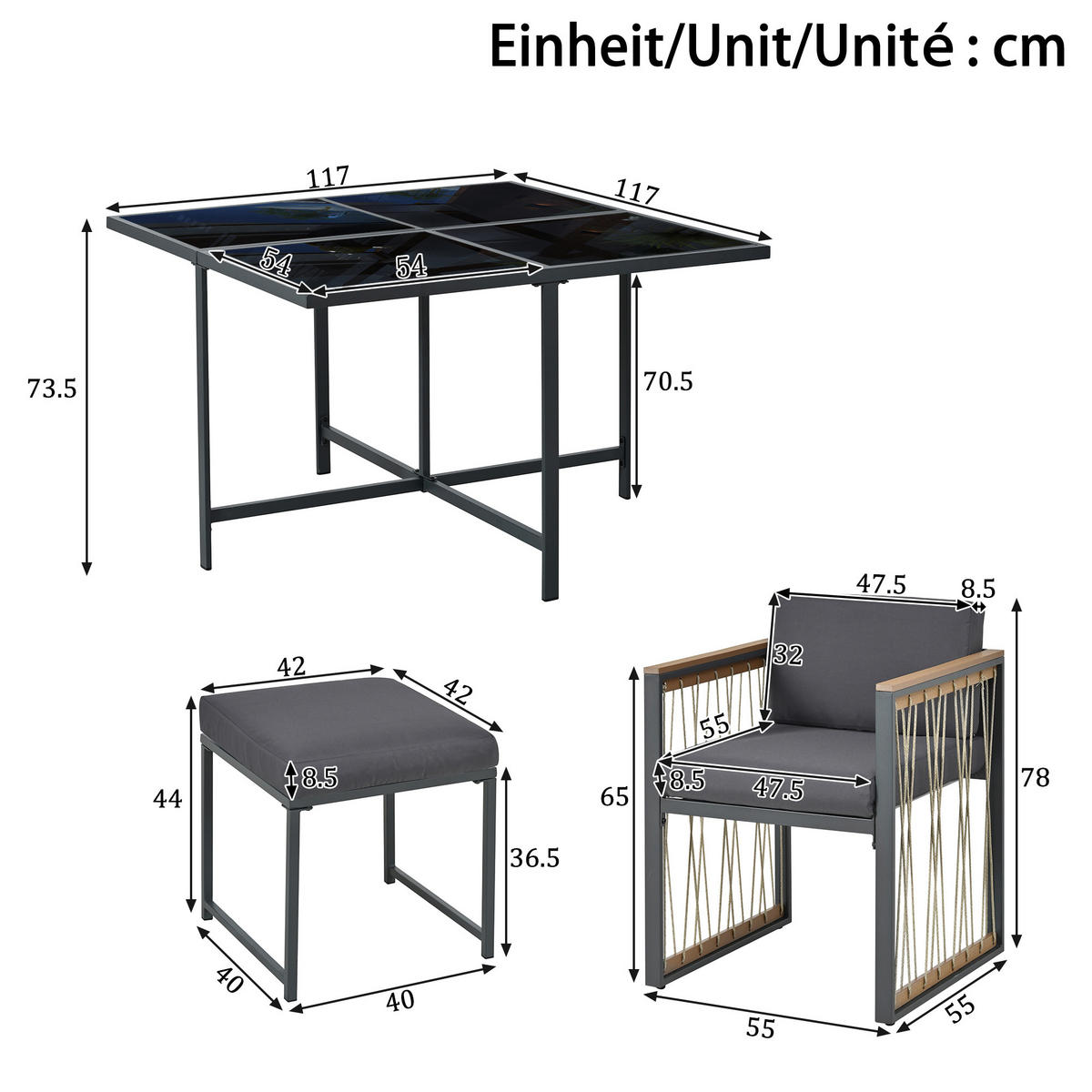 GARTENSET 7 tlg Glas Tisch 6 Personen - Schwarz, Metall - LEBENLANG
