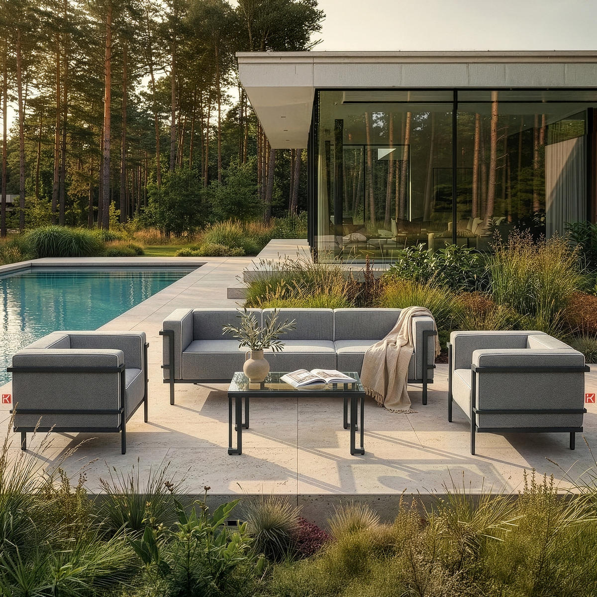 GARTENSOFA TRIGLO 3-Personen, Stahlrahmen, Modern, Dunkelgrau - Dunkelgrau/Schwarz, Textil/Metall (229/70/69cm) - KONSIMO®