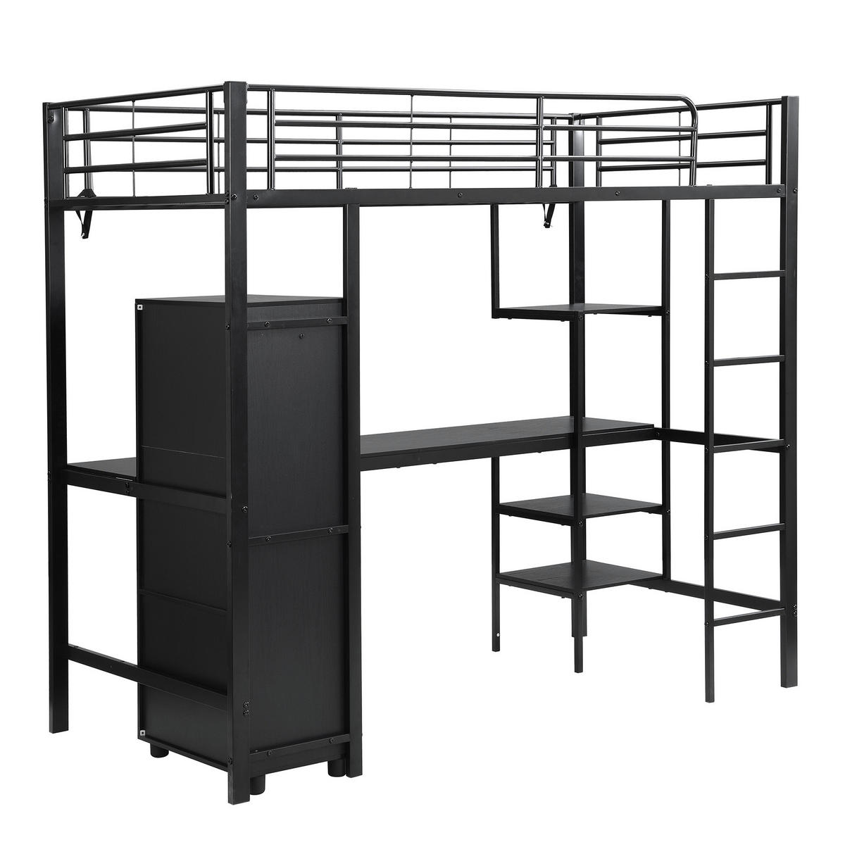 HOCHBETT mit Schreibtisch und Kleiderschrank 90x200 cm Metall Schwarz - Schwarz, Metall (90/200cm) - Beauniv
