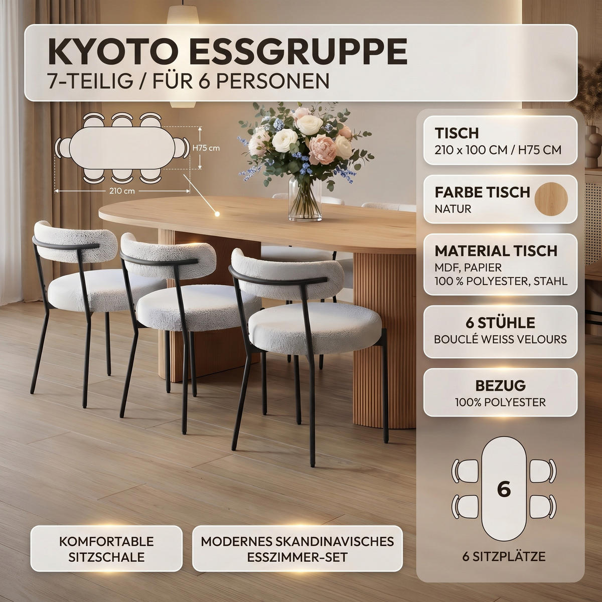ESSGRUPPE 7-TLG. Kyoto Naturfarben, Weiß - Naturfarben/Weiß, Textil/Metall (210/75/100cm) - ebuy24
