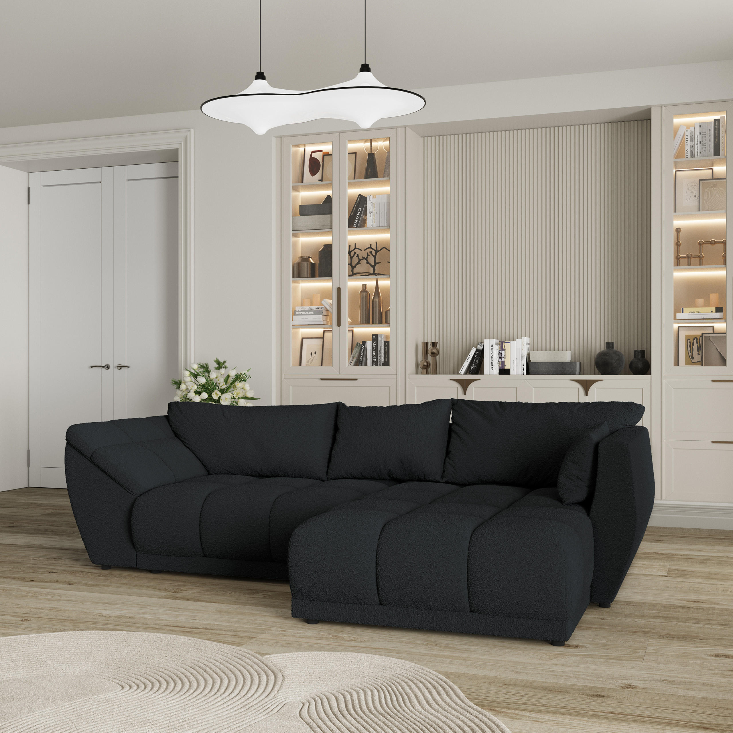 ECKSOFA ORENTI R-S Schwarz Boucle-Stoff mit Schlaffunktion - Schwarz, Holz (287/182cm) - MASSENO