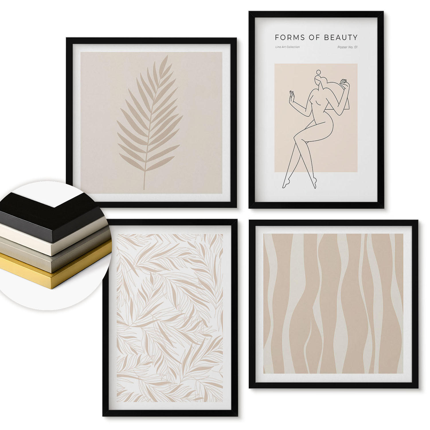 WANDBILDER 4er-Set - 50x50 cm & 40x60 cm Schwarzer Rahmen - Minimalistische Pflanzenmotive - Schwarz, Kunststoff (50/50cm) - ArtPrintCave