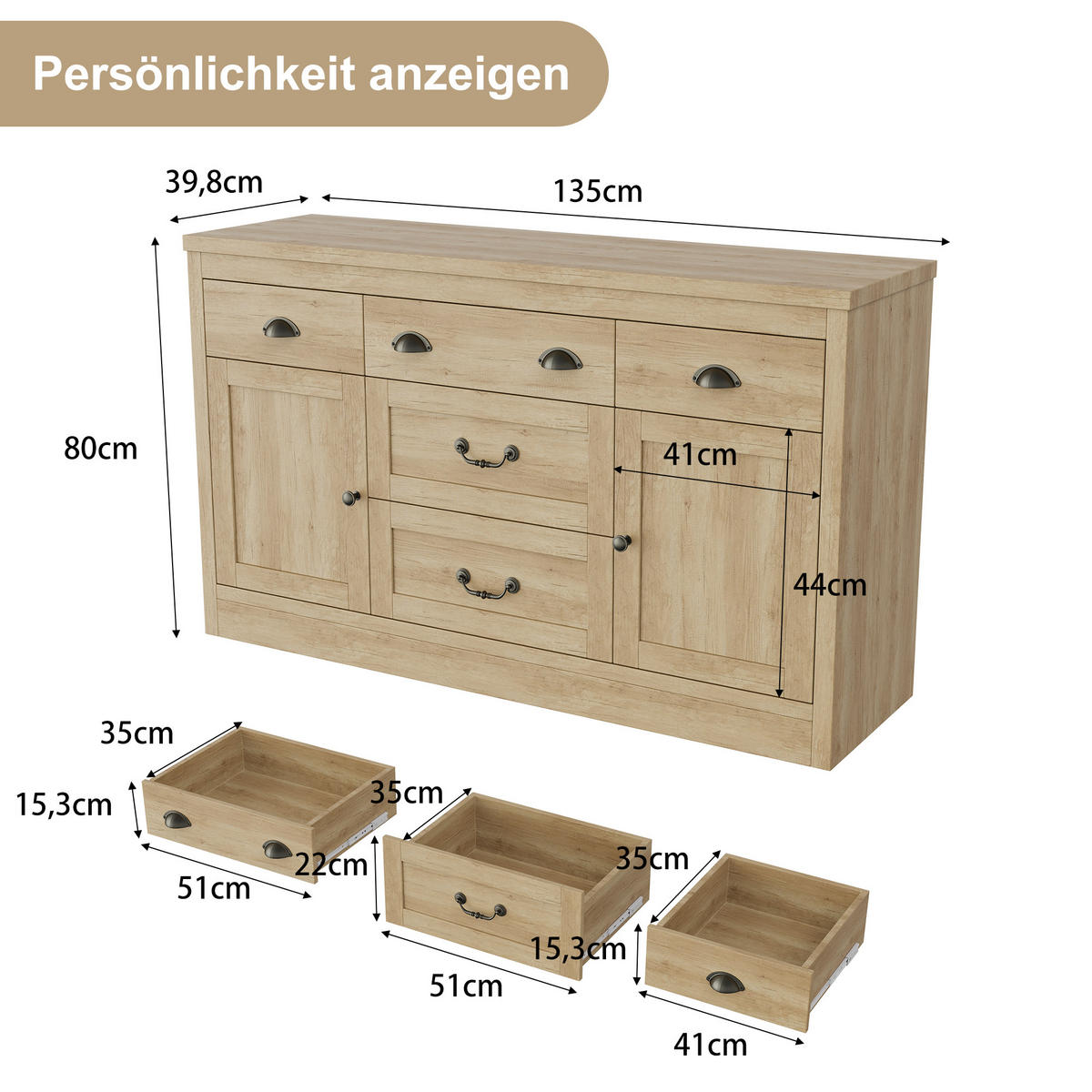 SIDEBOARD 135x40x80 cm 2 Türen 5 Schubladen Holzfarben - Naturfarben, Holz (135/80/39.5cm) - LEBENLANG